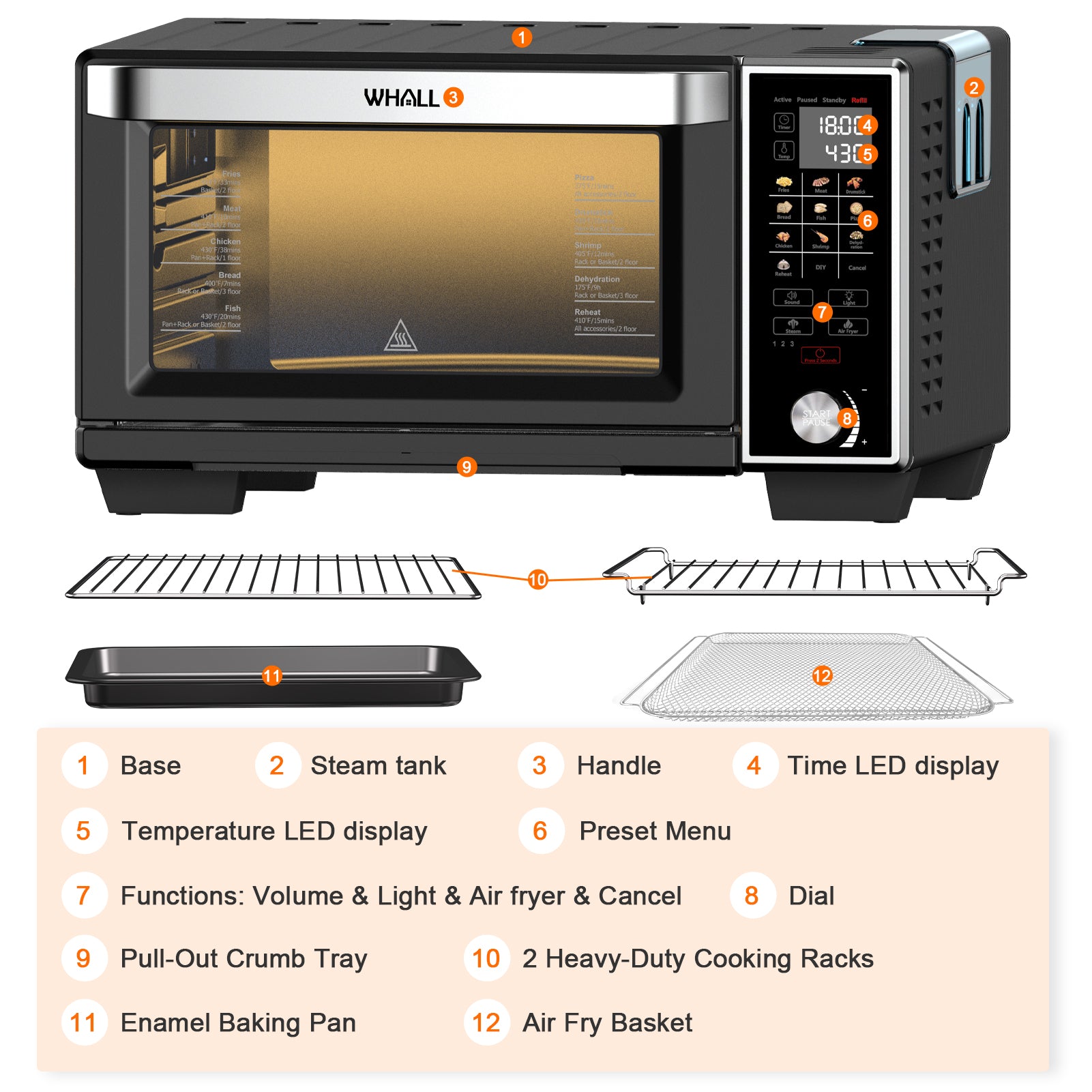 WHALL Air Fryer Oven - 30QT Stainless Steel Smart Convection Toaster Oven with Steam Function, Touchscreen, 4 Accessories (Black)