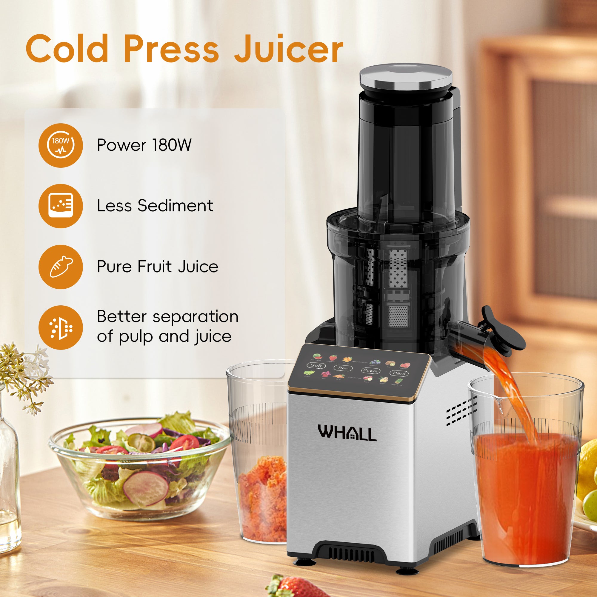 WHALL® Cold Press Juicer Machine with Touchscreen, Slow Masticating Machines with 3" Extra Large Feed Chute, Reverse Function, Soft & Hard Models