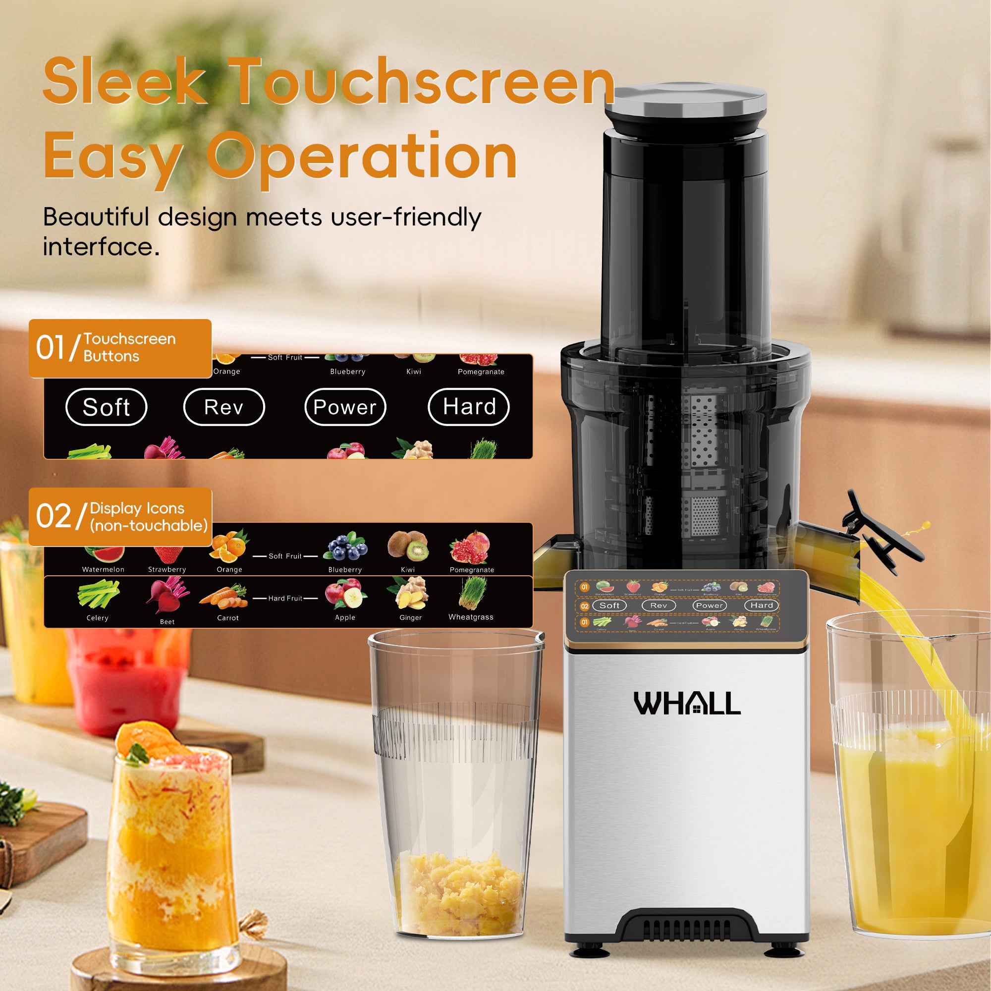 WHALL® Cold Press Juicer Machine with Touchscreen, Slow Masticating Machines with 3" Extra Large Feed Chute, Reverse Function, Soft & Hard Models