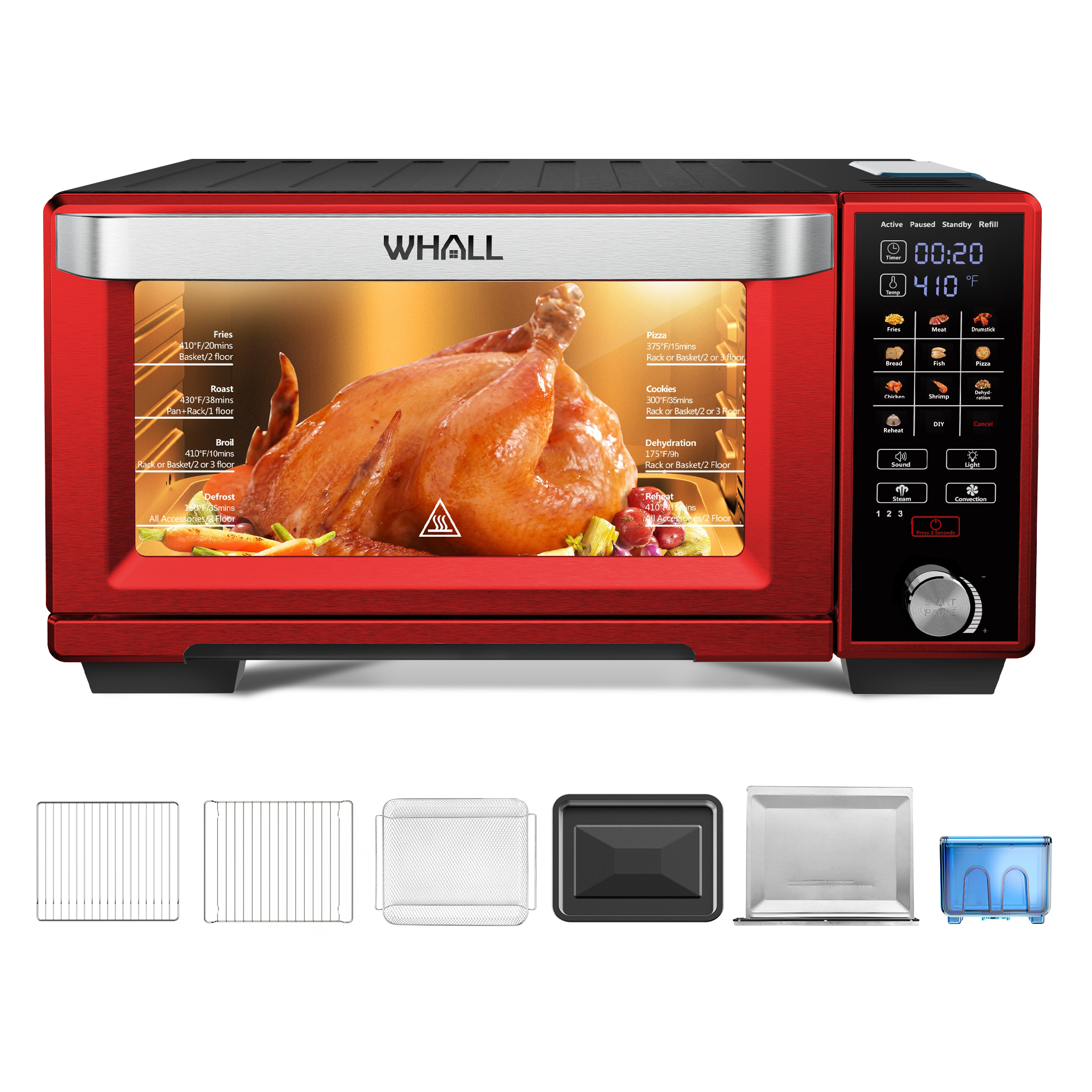 WHALL Air Fryer Oven - 30QT Stainless Steel Smart Convection Toaster Oven with Steam Function, Touchscreen, 4 Accessories (Red)