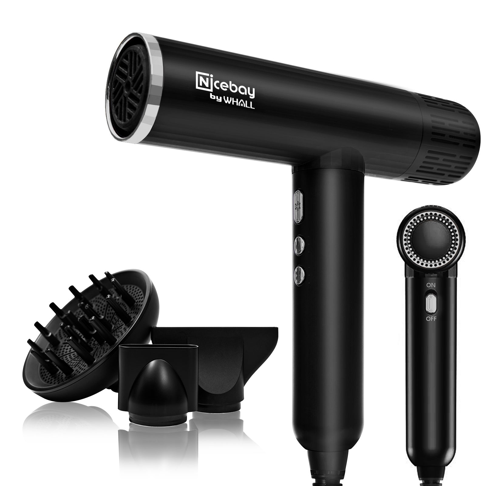 NICEBAY® Hair Dryer-Black&Gold , Professional Blow Dryer with 3 Attachments, 110000RPM High-Speed Brushless Motor for Fast Drying, Lightweight, Low Noise, 1600W Hairdryer with Diffuser