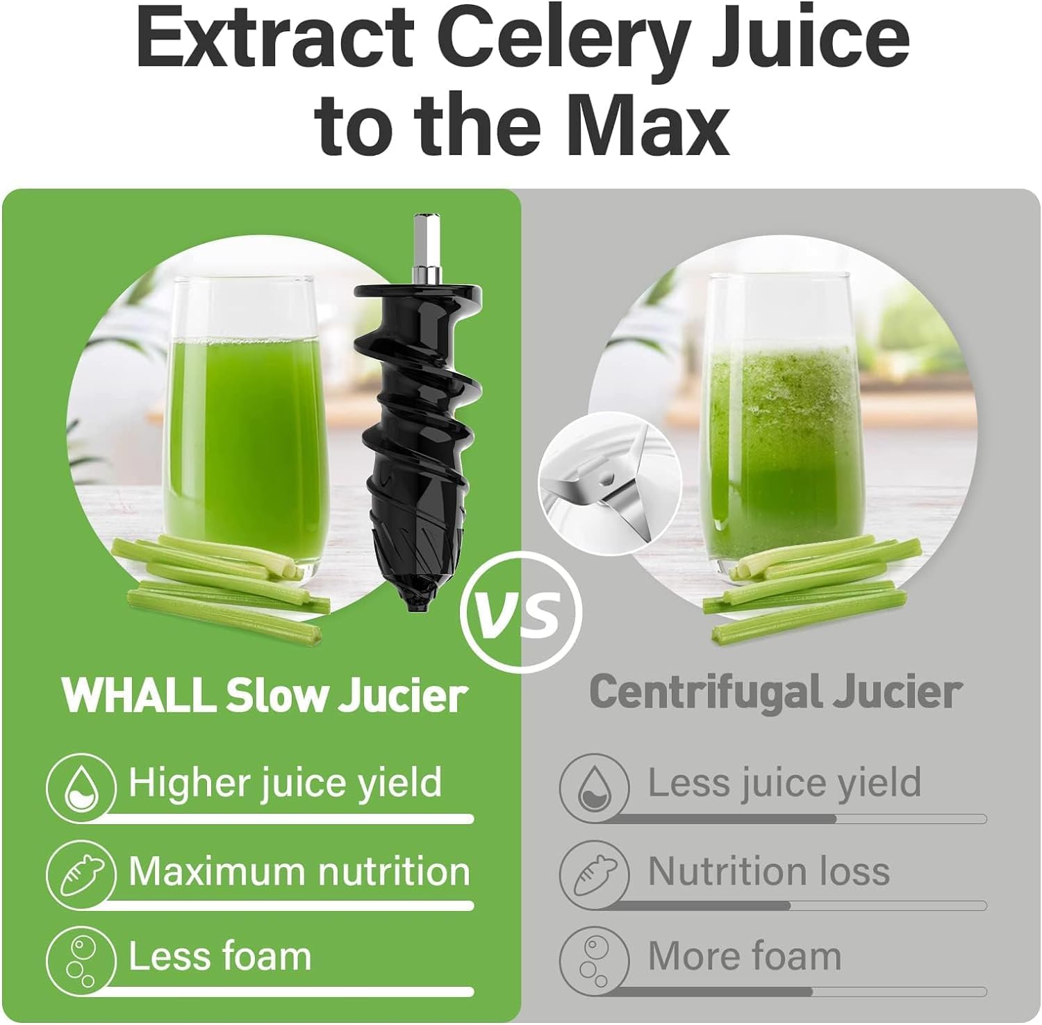 WHALL® Masticating Slow Juicer –Stainless Steel, Touchscreen with 2 Speed Modes