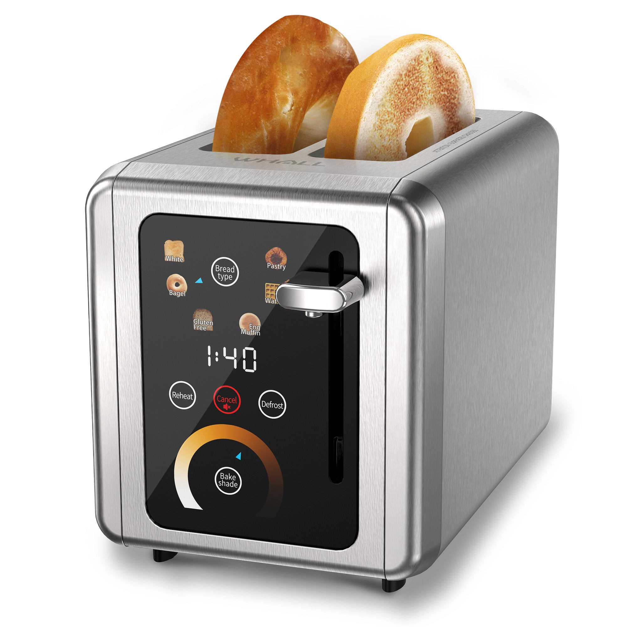 WHALL 2 Slice Touch Screen Toaster - Stainless Steel Toaster with Wide Slot, 6 Shade Settings, Bagel Function, Removable Crumb Tray