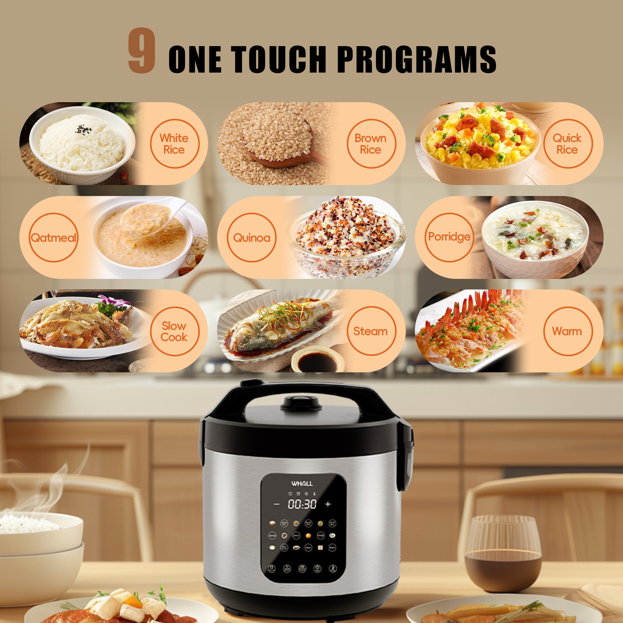 WHALL Digital Rice Cooker 10-Cup (Uncooked) / 20-Cup (Cooked), Steamer, Multicooker, Slow Cooker, Oatmeal, Auto Keep Warm, 5 Qt, Stainless Steel New