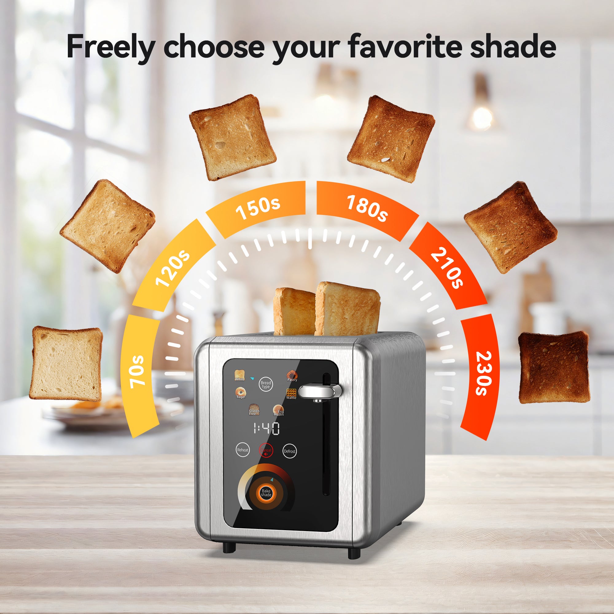 WHALL 2 Slice Touch Screen Toaster - Stainless Steel Toaster with Wide Slot, 6 Shade Settings, Bagel Function, Removable Crumb Tray