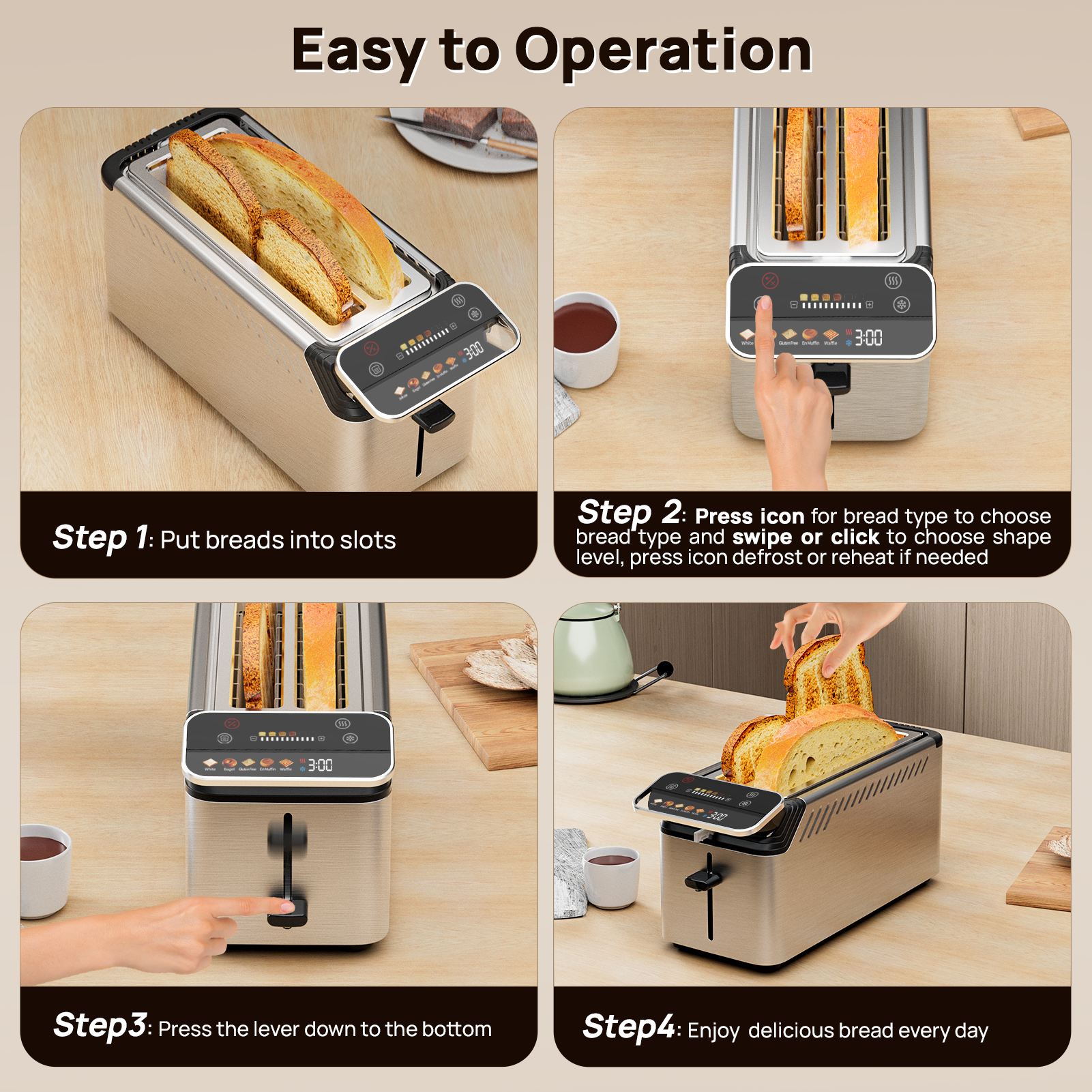 WHALL® The New Touch Screen Toaster 4 Slice | Stainless Steel, Digital Timer, Sound | 6 Bread Types & Shades