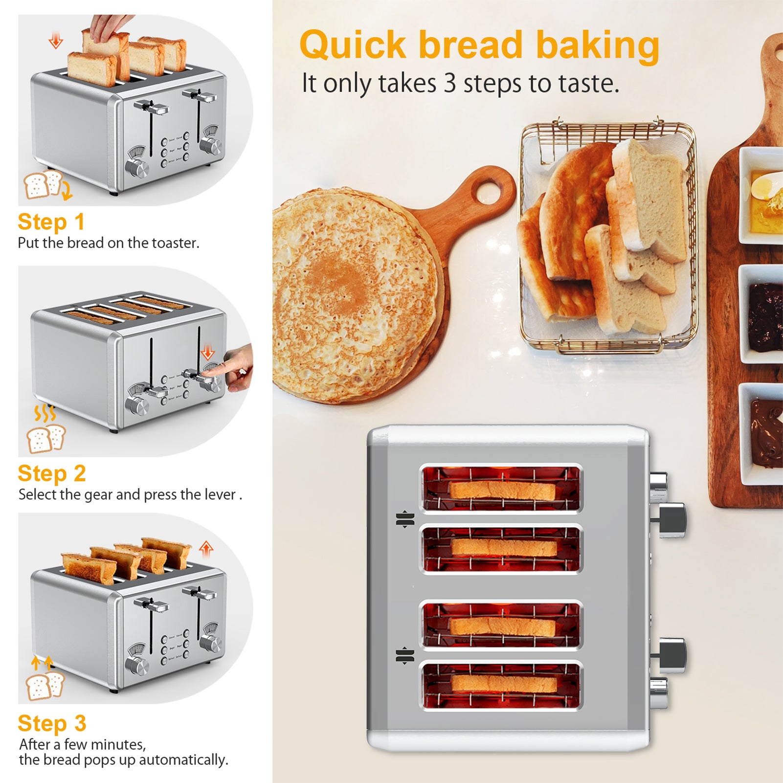 WHALL® Knob Toaster 2 & 4 Slice | Stainless Steel, Digital Timer, Sound | 6 Bread Types & Shades