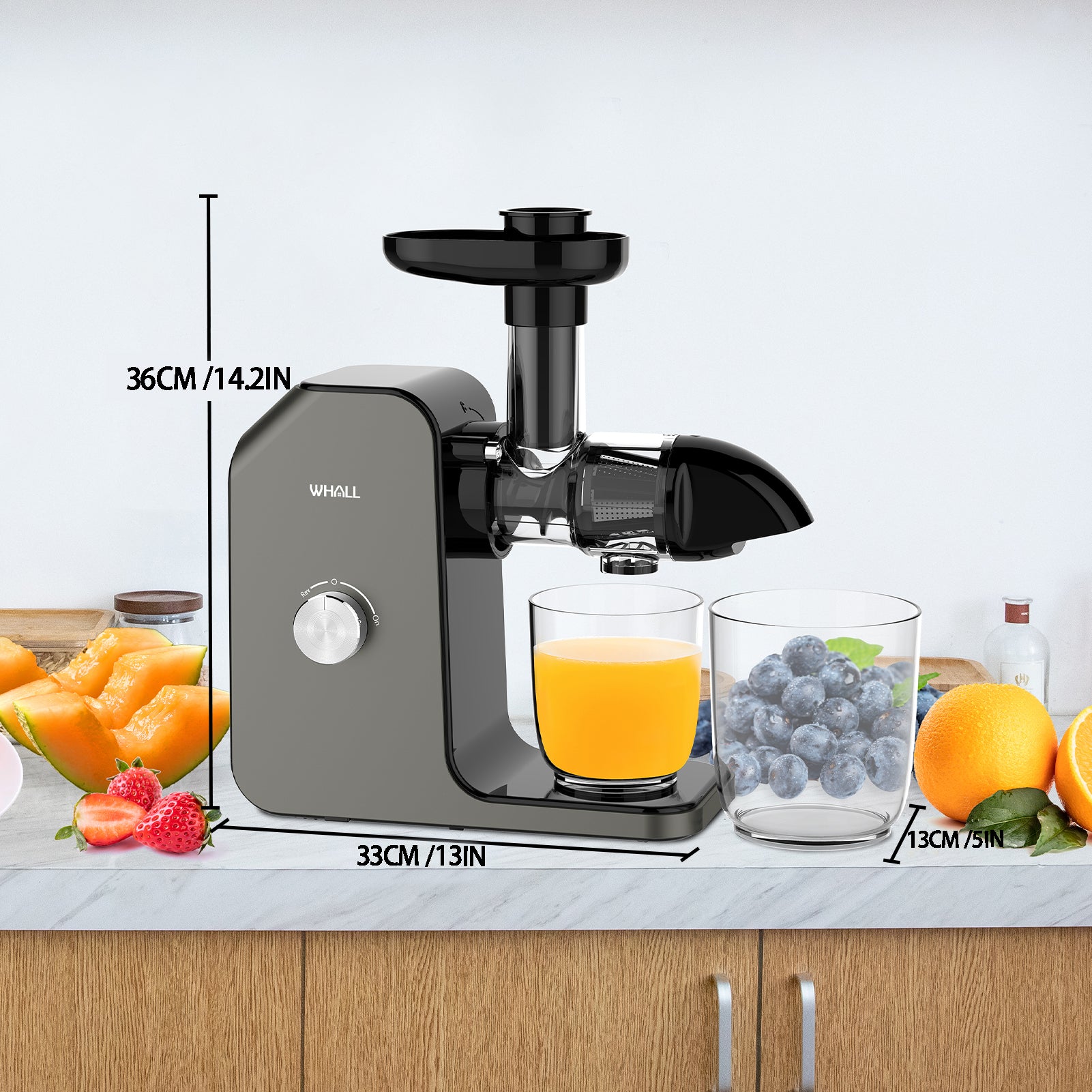 Whall® Slow Masticating Juicer,Cold Press Juicer Machines Vegetable and Fruit,,Juicers with Quiet Motor & Reverse Function, Easy to Clean with Brush,Grey