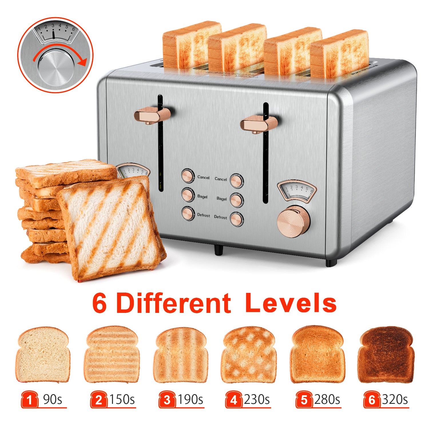 WHALL® 4 Slice Toaster - Stainless Steel Bagel Toaster with Dual Control Panels, Wide Slot, 6 Shade Settings, Removable Crumb Tray