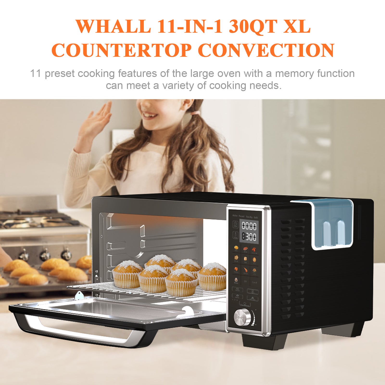 WHALL Air Fryer Oven - 30QT Stainless Steel Smart Convection Toaster Oven with Steam Function, Touchscreen, 4 Accessories (Black)