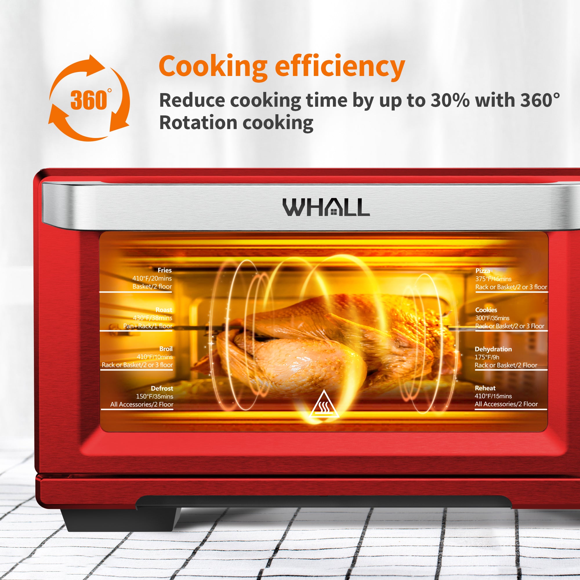 WHALL Air Fryer Oven - 30QT Stainless Steel Smart Convection Toaster Oven with Steam Function, Touchscreen, 4 Accessories (Red)