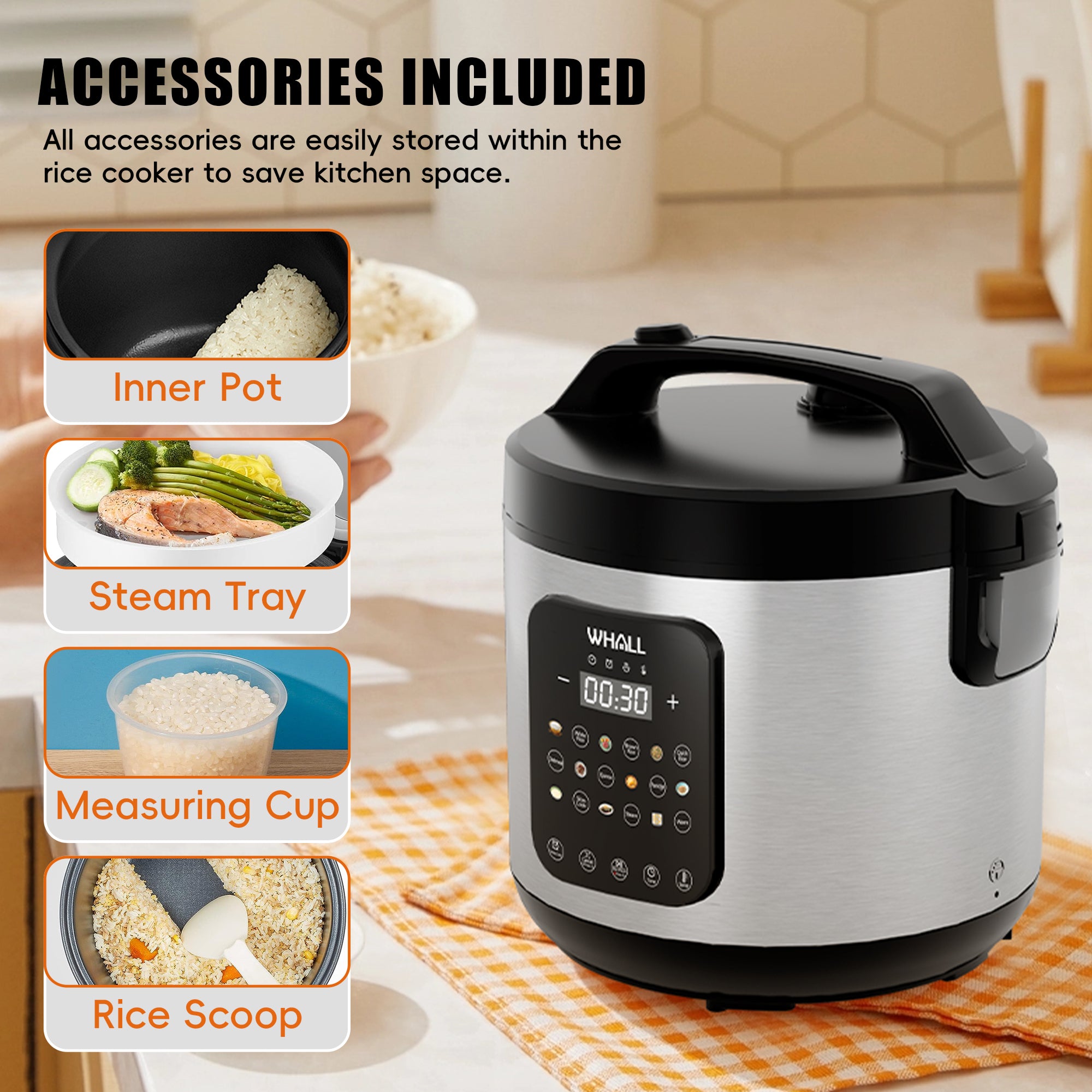 WHALL Digital Rice Cooker 10-Cup (Uncooked) / 20-Cup (Cooked), Steamer, Multicooker, Slow Cooker, Oatmeal, Auto Keep Warm, 5 Qt, Stainless Steel New