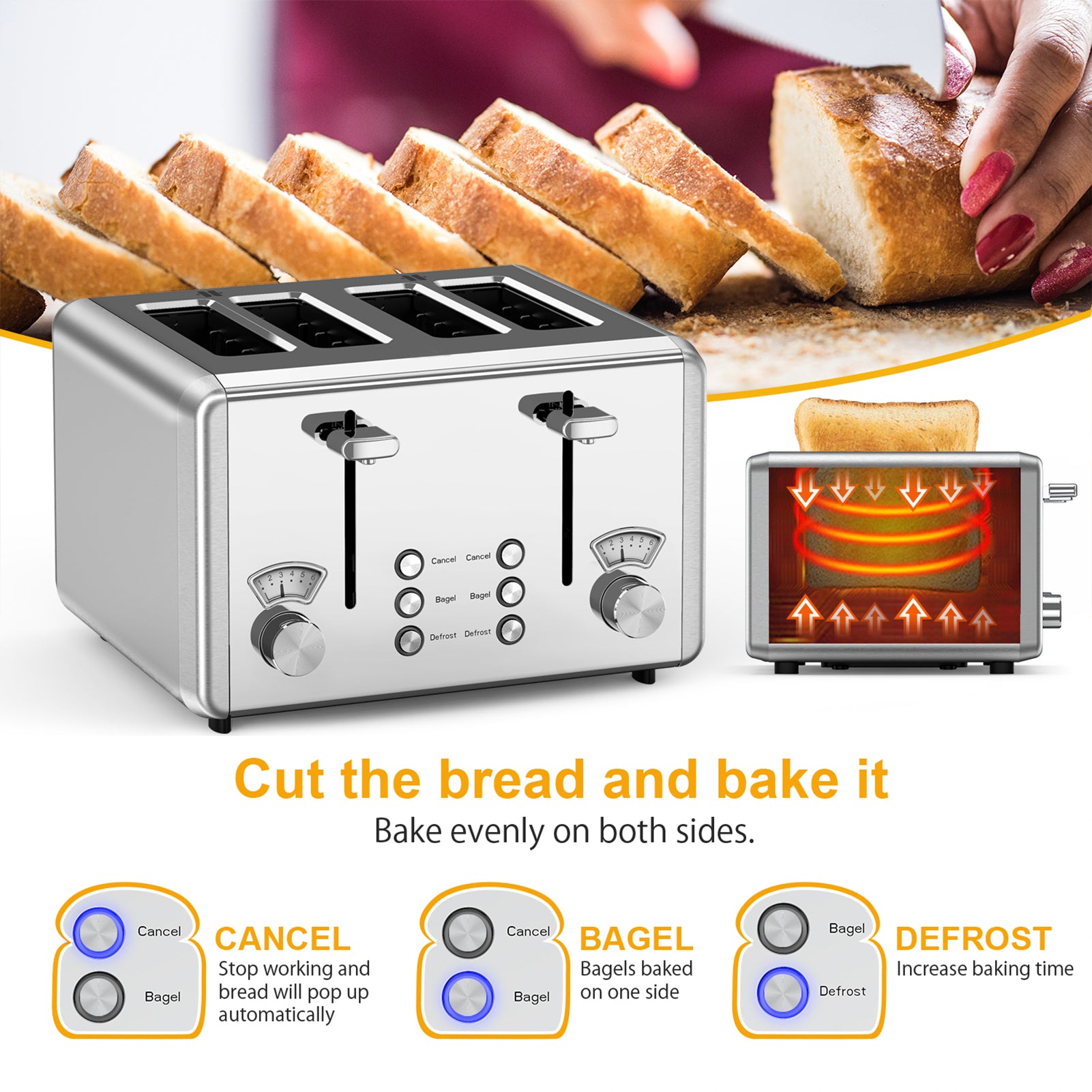 WHALL® Knob Toaster 2 & 4 Slice | Stainless Steel, Digital Timer, Sound | 6 Bread Types & Shades