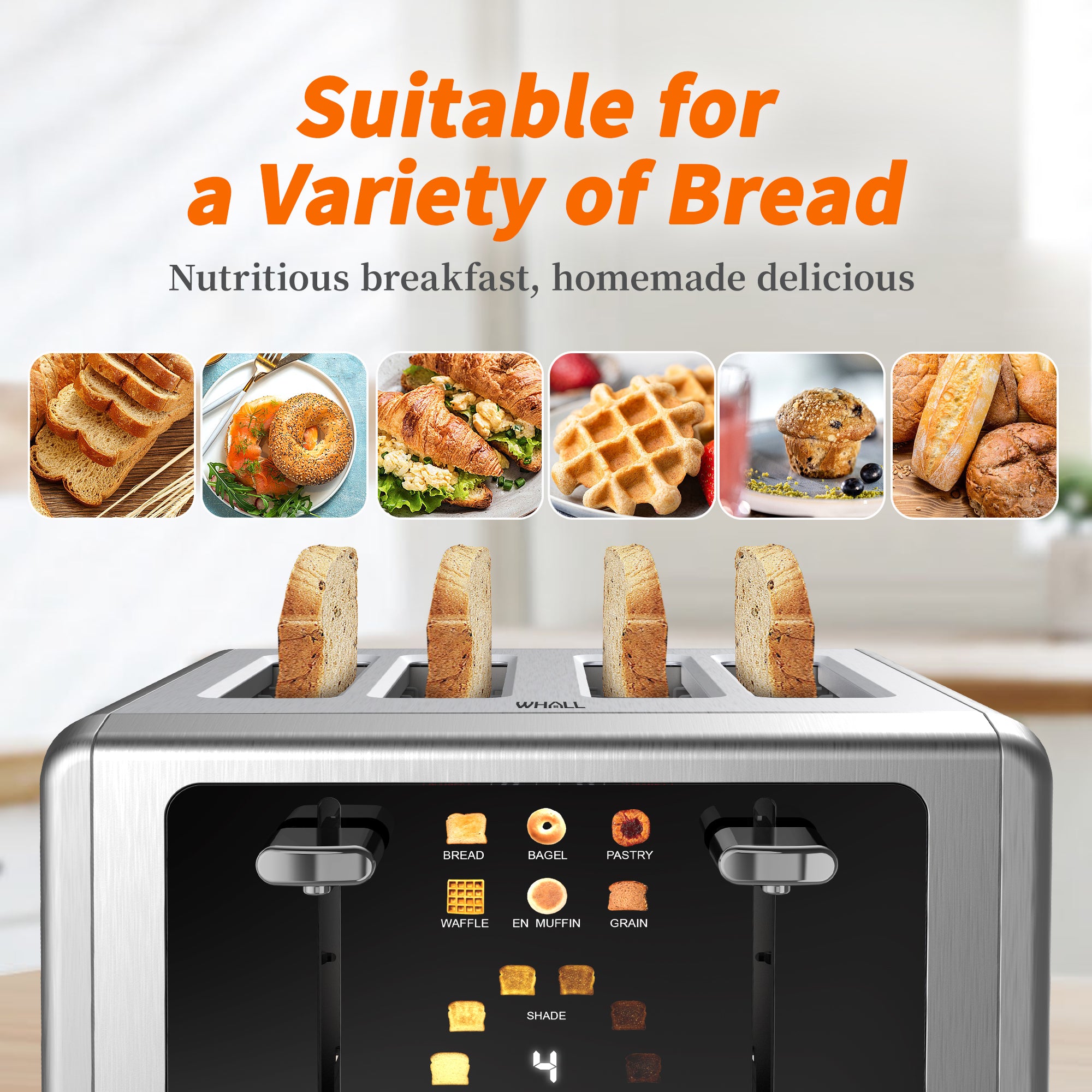 WHALL® Touch Screen Toaster 4 Slice | Stainless Steel, Digital Timer, Sound | 6 Bread Types & Shades