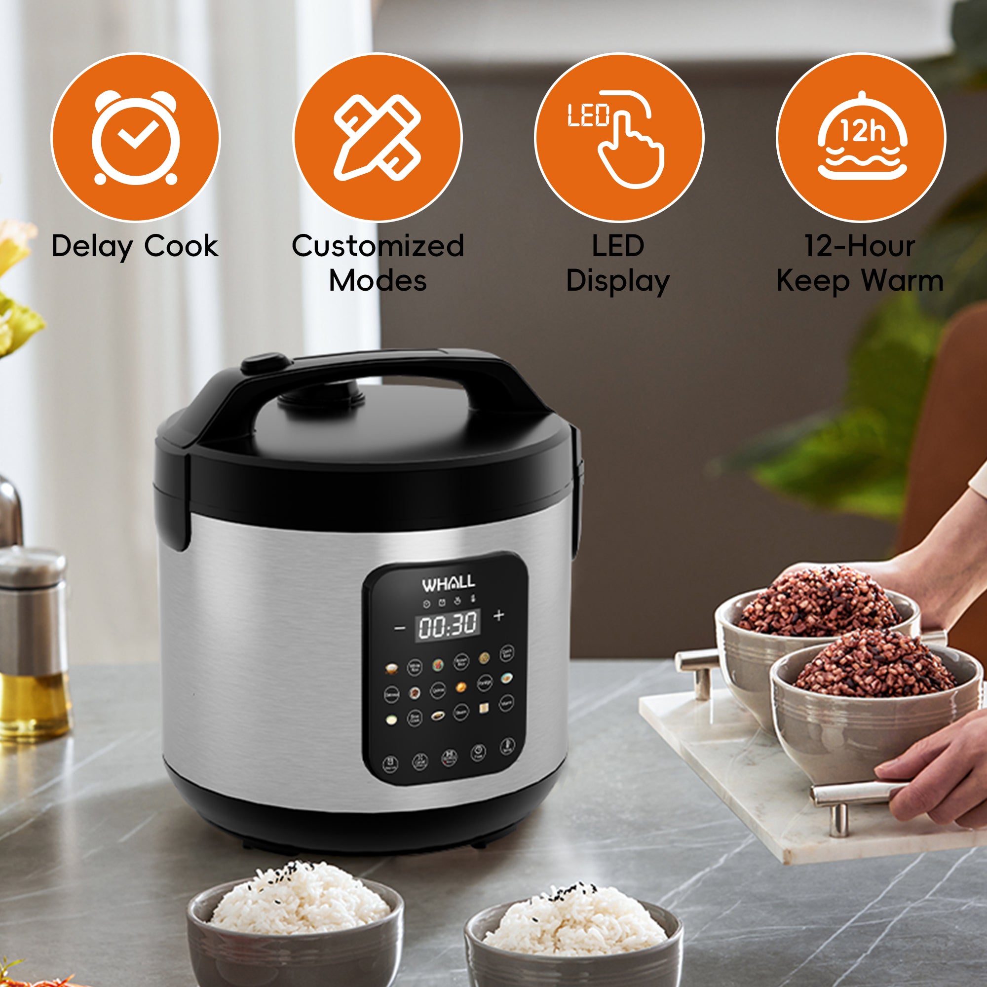 WHALL Digital Rice Cooker 10-Cup (Uncooked) / 20-Cup (Cooked), Steamer, Multicooker, Slow Cooker, Oatmeal, Auto Keep Warm, 5 Qt, Stainless Steel New