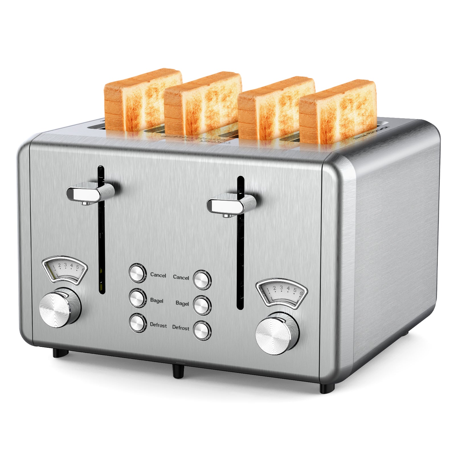 WHALL 4 Slice Toaster - Stainless Steel Bagel Toaster with Dual Control Panels, 6 Shade Settings,Silver