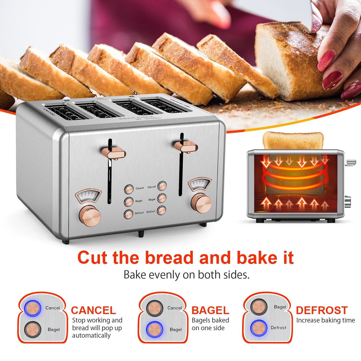 WHALL® 4 Slice Toaster - Stainless Steel Bagel Toaster with Dual Control Panels, Wide Slot, 6 Shade Settings, Removable Crumb Tray