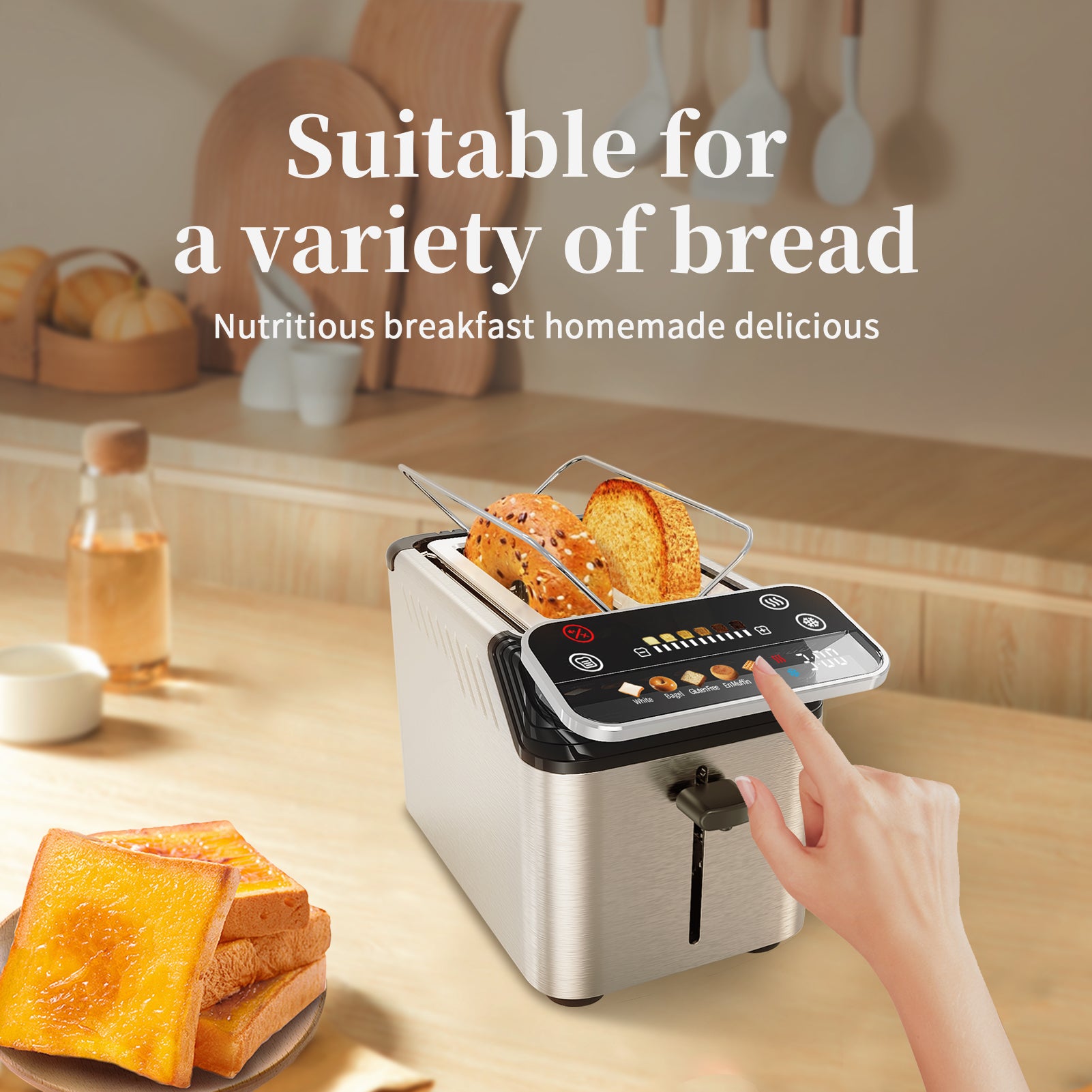 WHALL® The New Touch Screen Toaster 4 Slice | Stainless Steel, Digital Timer, Sound | 6 Bread Types & Shades