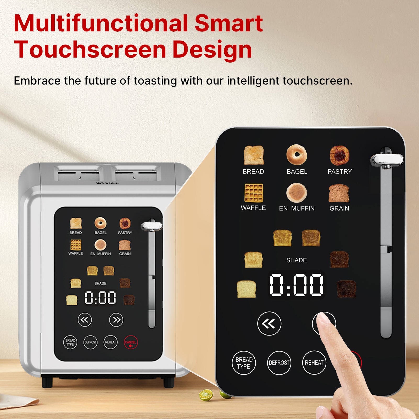 WHALL® Touch Screen Toaster 2 Slice | Stainless Steel, Digital Timer, Sound | 6 Bread Types & Shades