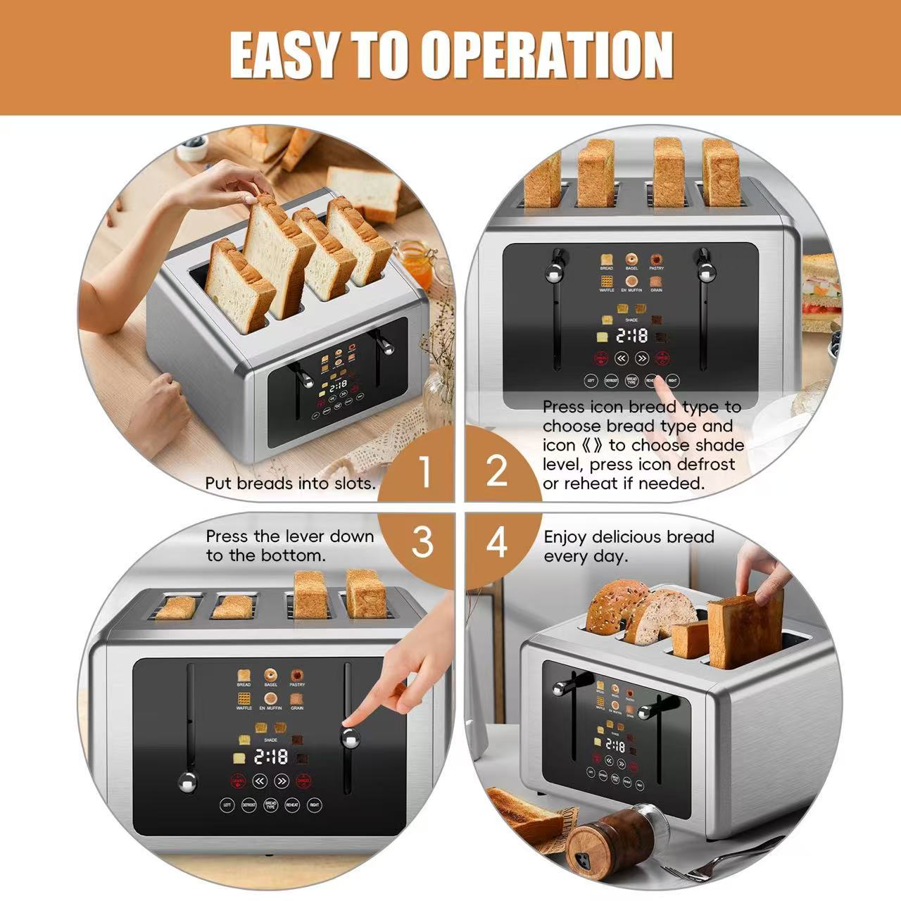 WHALL® Touch Screen Toaster 2 Slice | Stainless Steel, Digital Timer, Sound | 6 Bread Types & Shades