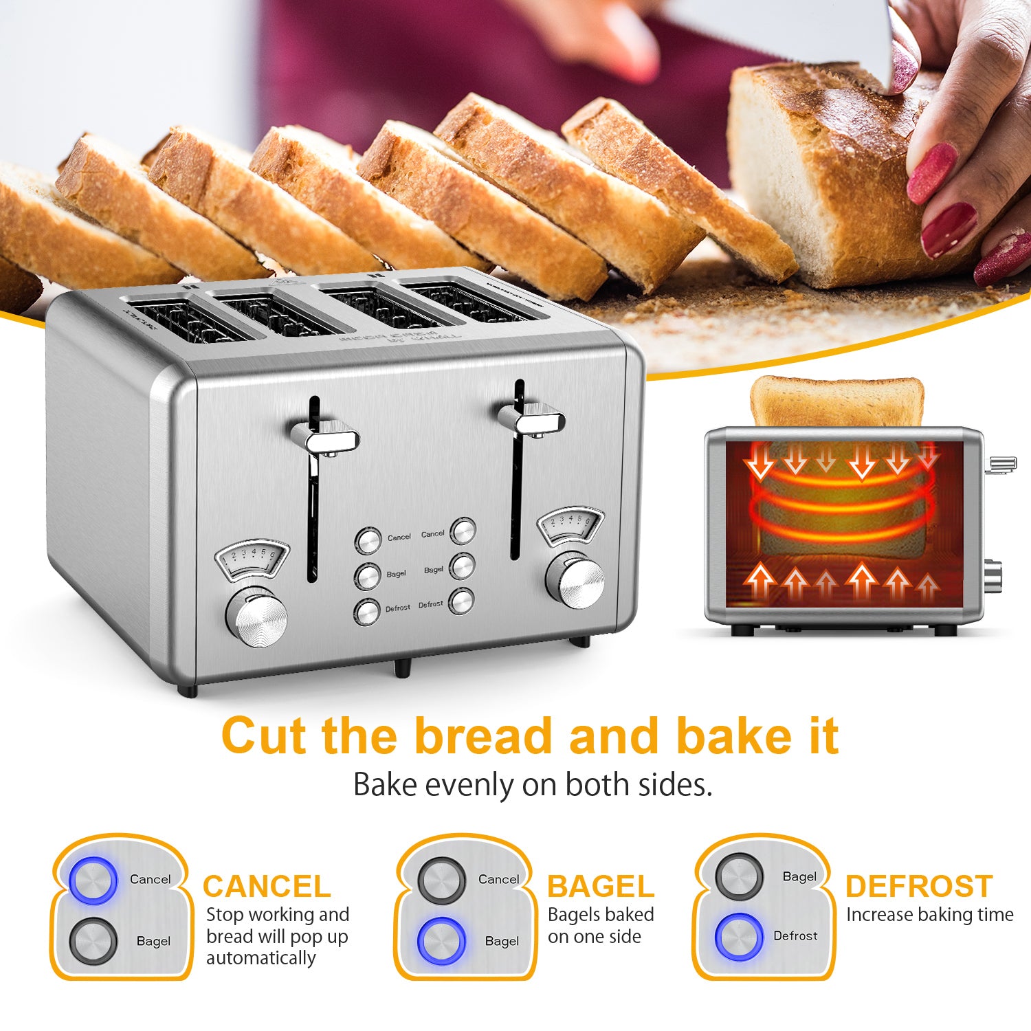 WHALL 4 Slice Toaster - Stainless Steel Bagel Toaster with Dual Control Panels, 6 Shade Settings,Silver