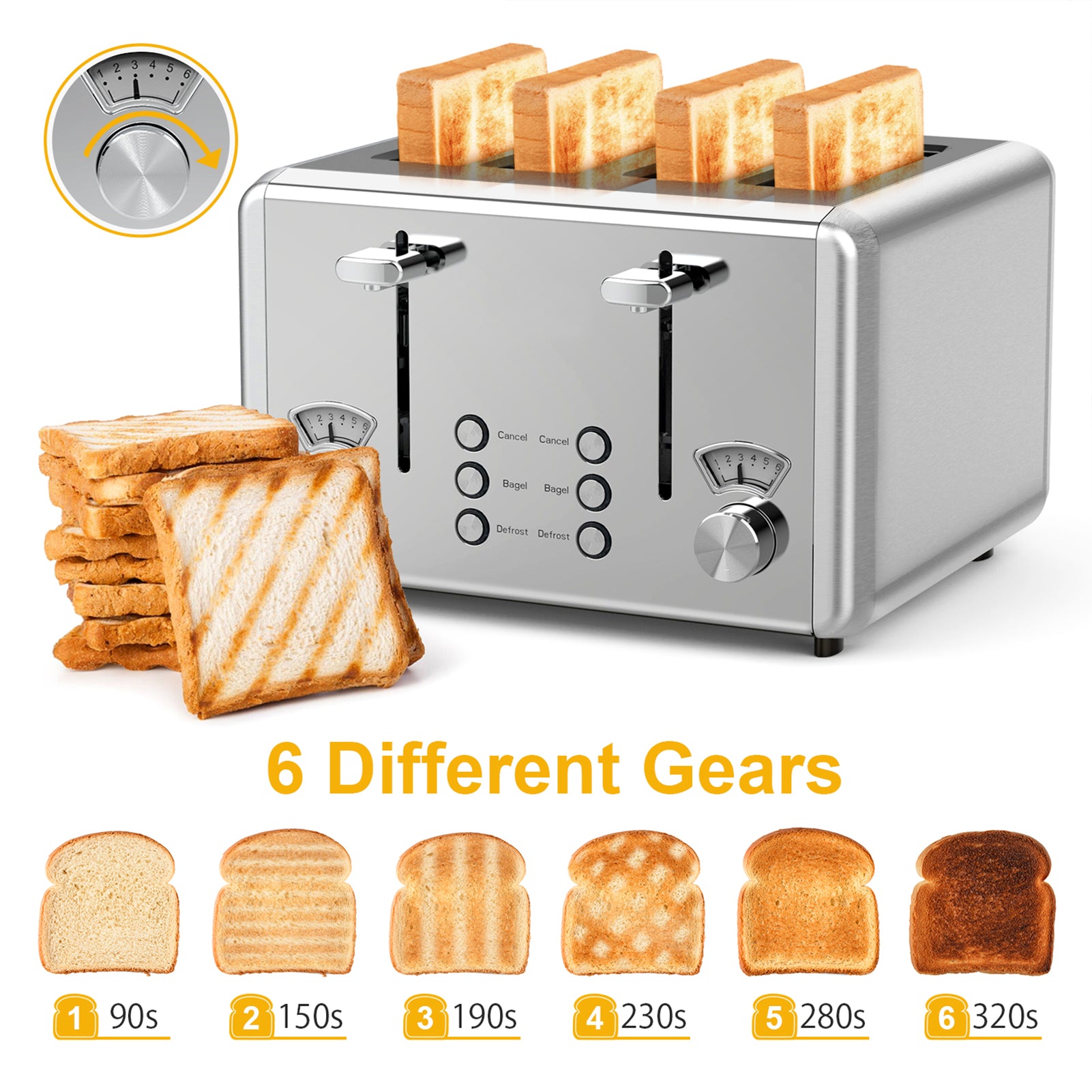 WHALL® Knob Toaster 2 & 4 Slice | Stainless Steel, Digital Timer, Sound | 6 Bread Types & Shades