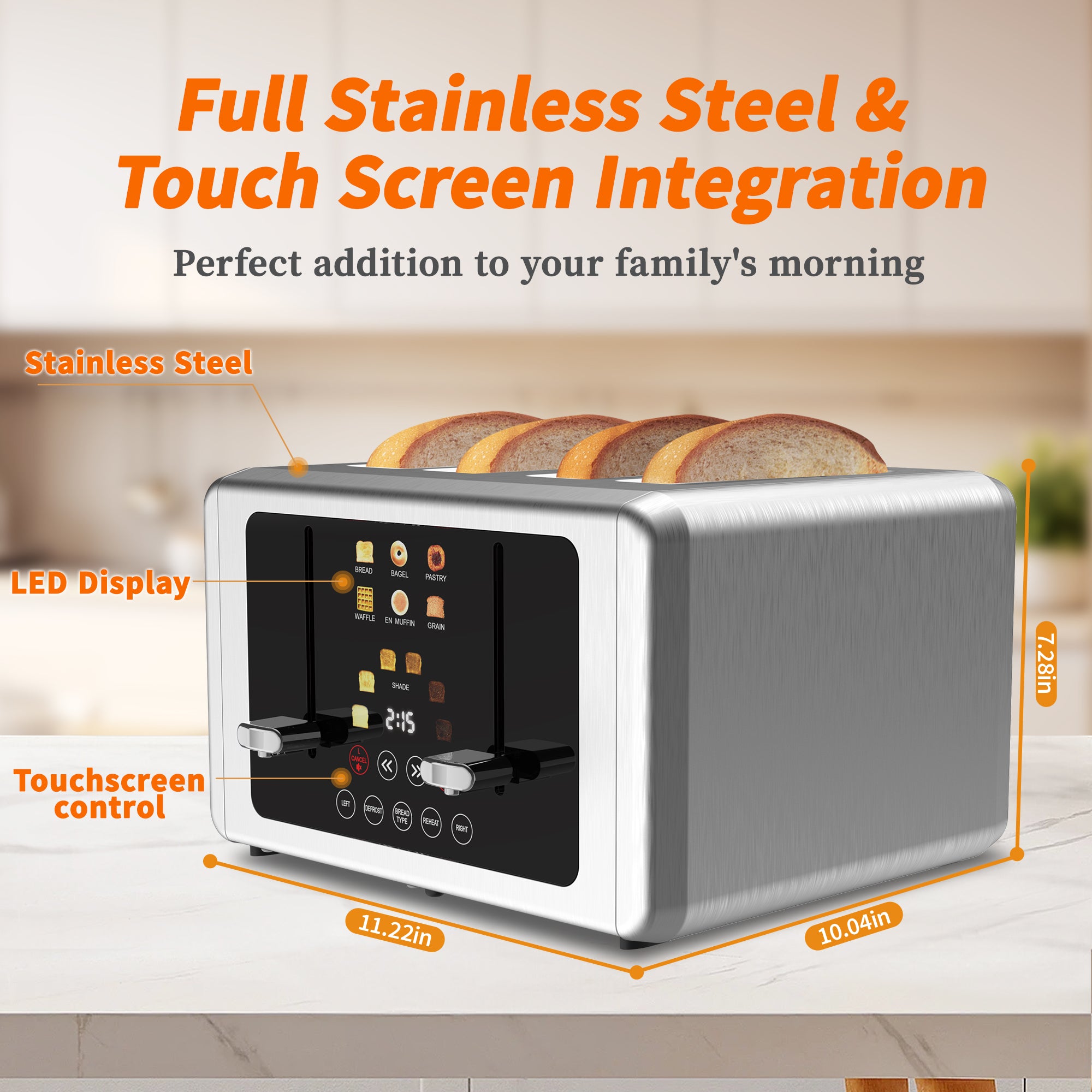 WHALL® Touch Screen Toaster 4 Slice | Stainless Steel, Digital Timer, Sound | 6 Bread Types & Shades