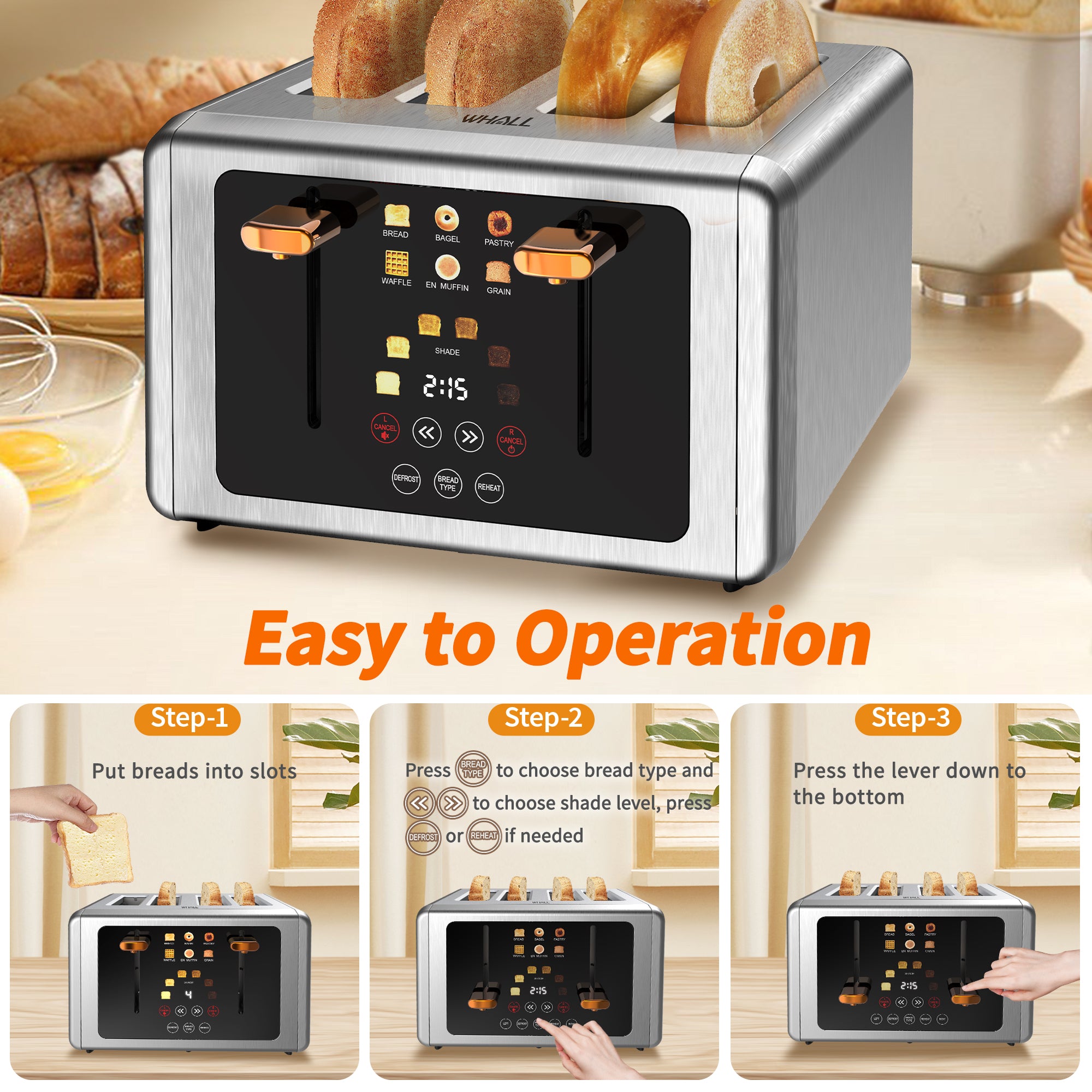 WHALL Touchscreen Toaster 4 Slice - Stainless Steel Toaster, 6 Shade Settings, Extra Wide Slots Toaster with Bagel, Cancel, Defrost Functions