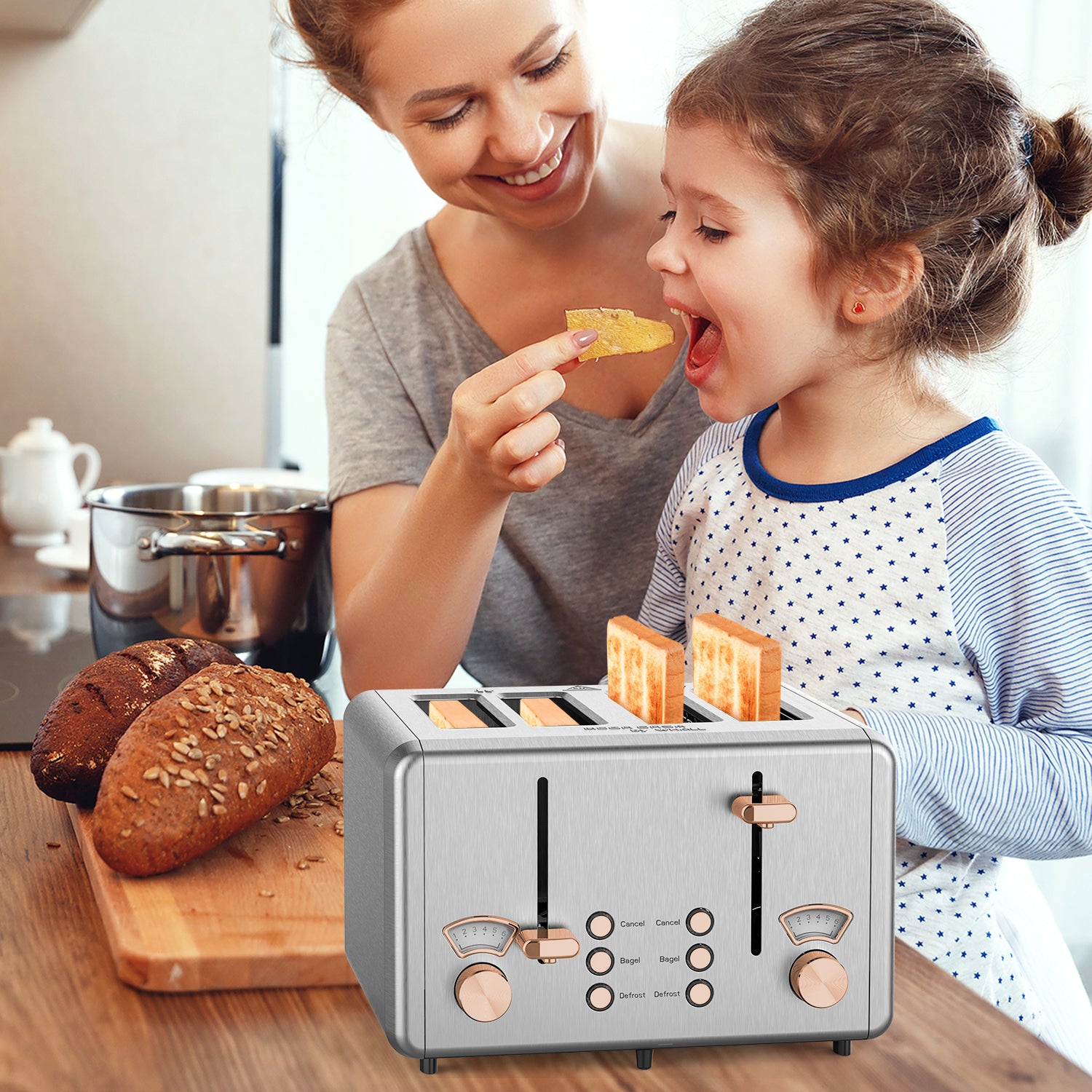 WHALL® 4 Slice Toaster - Stainless Steel Bagel Toaster with Dual Control Panels, Wide Slot, 6 Shade Settings, Removable Crumb Tray