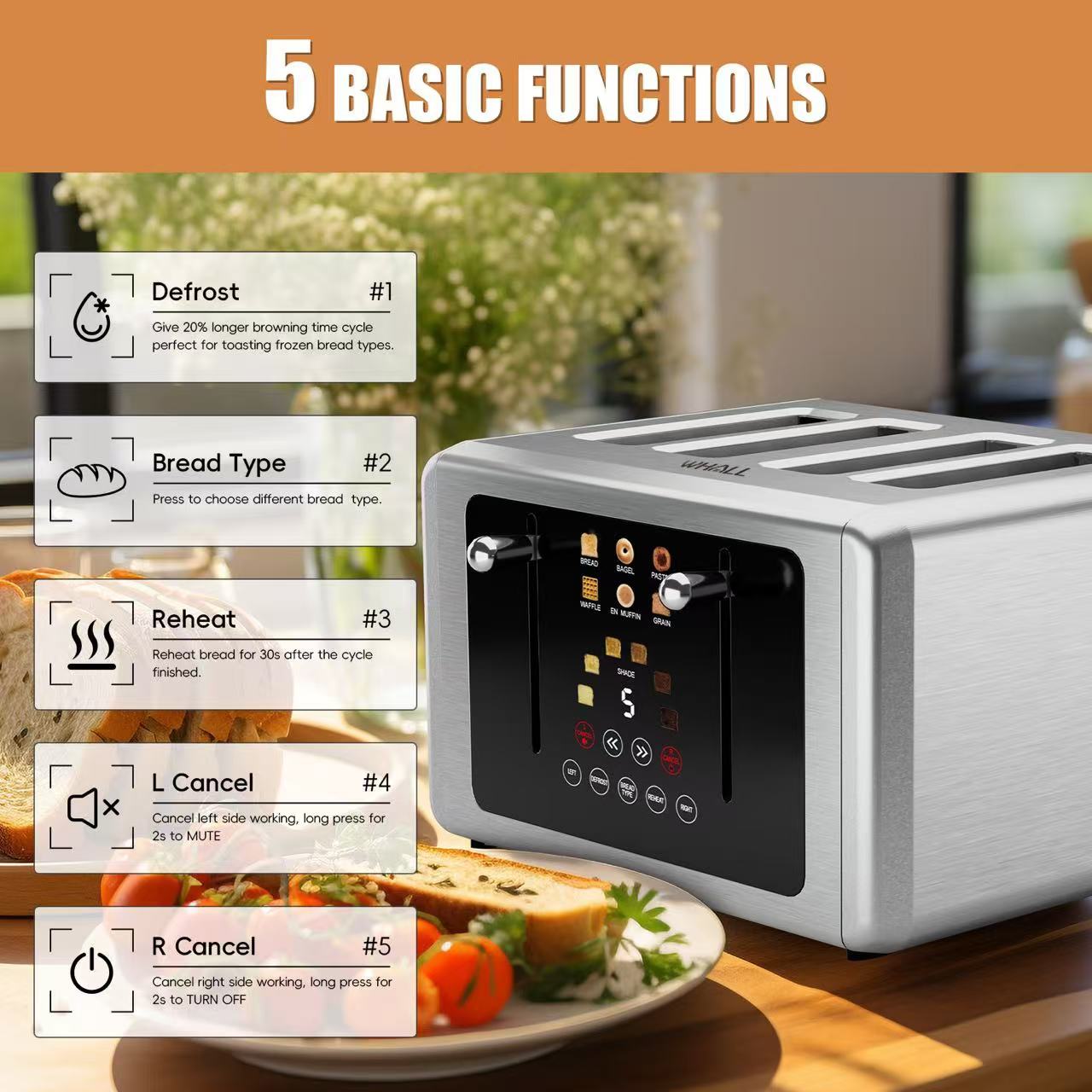 WHALL® Touch Screen Toaster 2 Slice | Stainless Steel, Digital Timer, Sound | 6 Bread Types & Shades