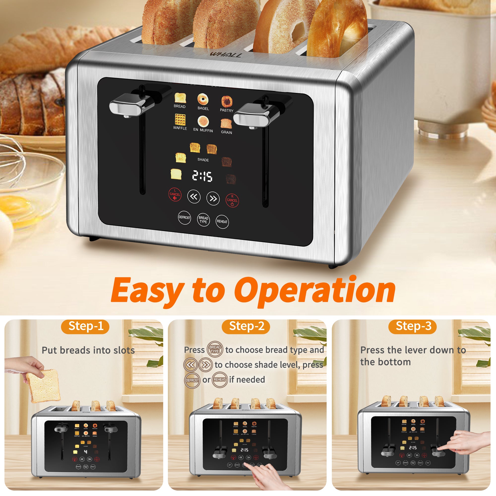 WHALL® Touch Screen Toaster 4 Slice | Stainless Steel, Digital Timer, Sound | 6 Bread Types & Shades