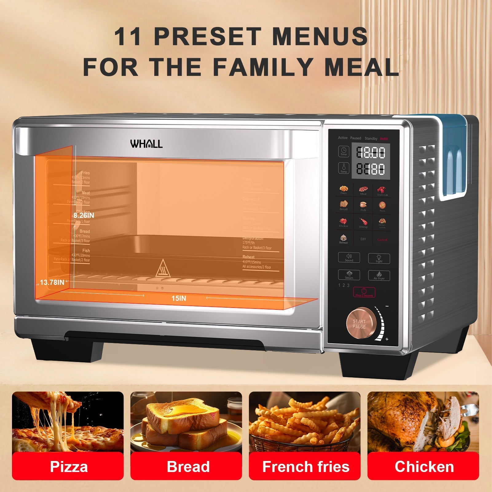 WHALL Air Fryer Oven - 30QT Stainless Steel Smart Convection Toaster Oven with Steam Function, Touchscreen,