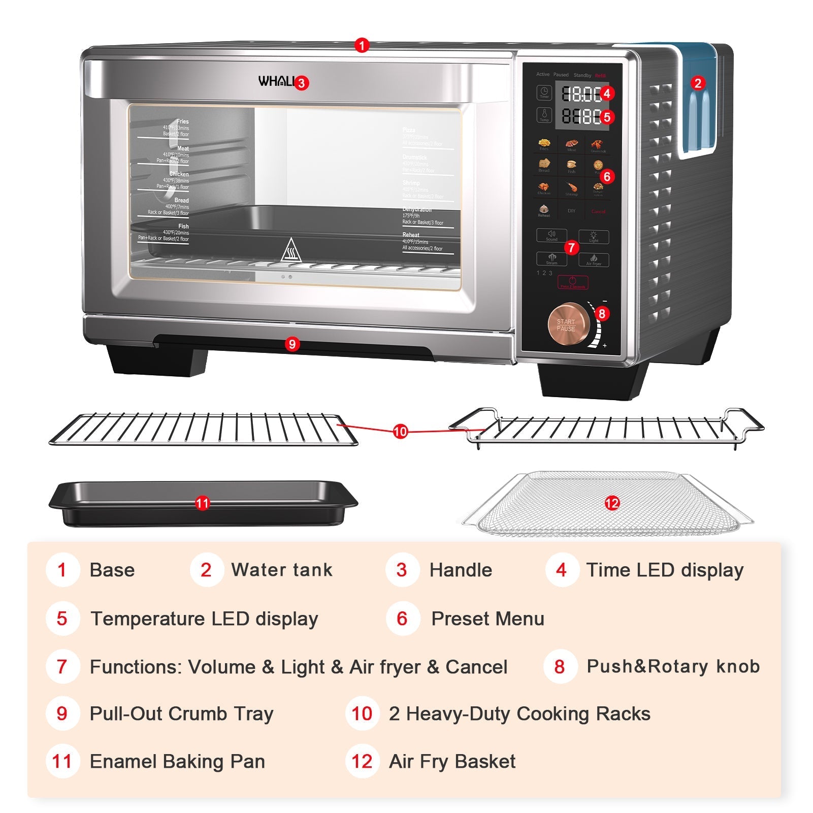 WHALL Air Fryer Oven - 30QT Stainless Steel Smart Convection Toaster Oven with Steam Function, Touchscreen,