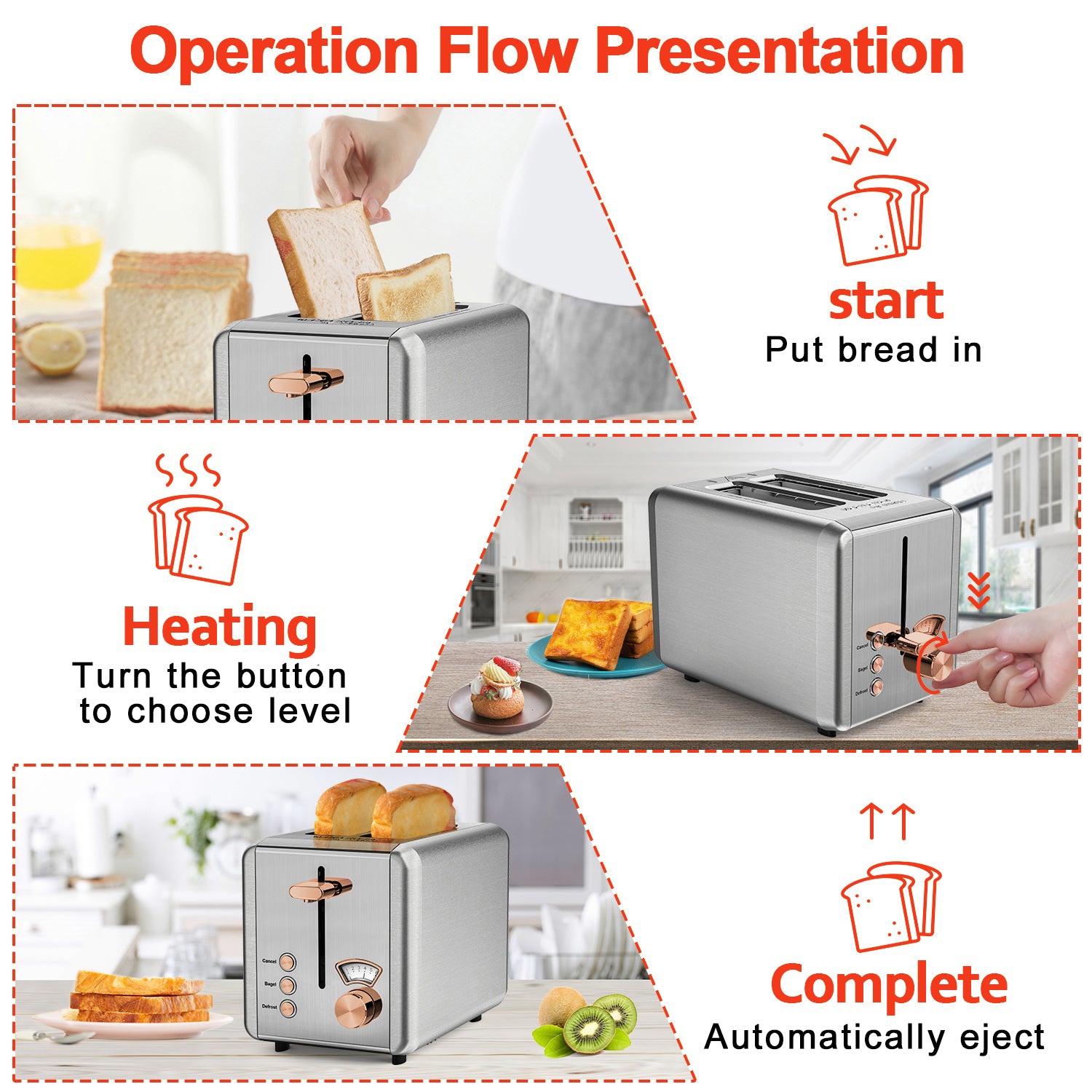 WHALL® 2 Slice Toaster - Stainless Steel Toaster with Wide Slot, 6 Shade Settings, Bagel Function, Removable Crumb Tray