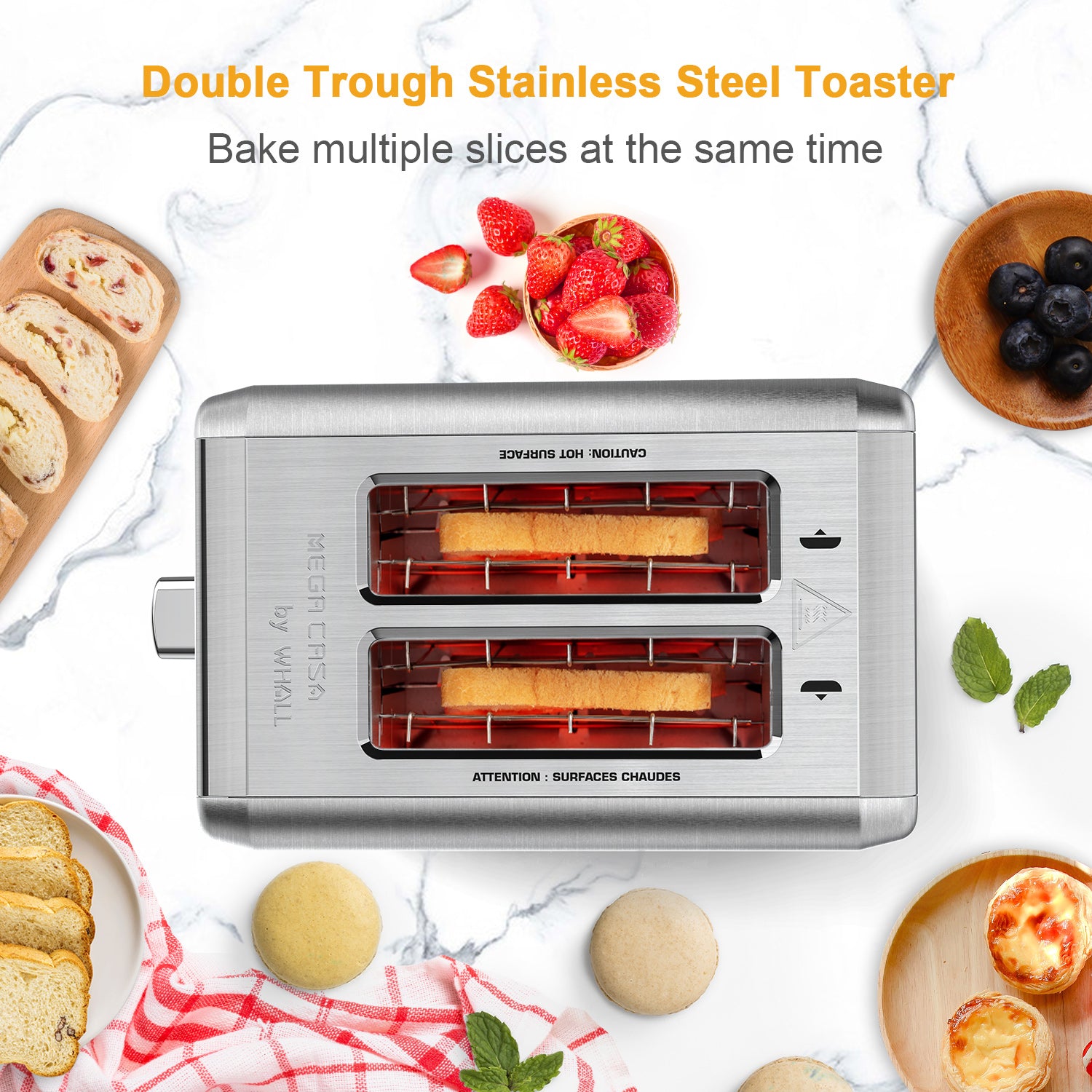 WHALL 2 Slice Toaster - Stainless Steel Toaster with Wide Slot, 6 Shade Settings, Bagel Function, Silver