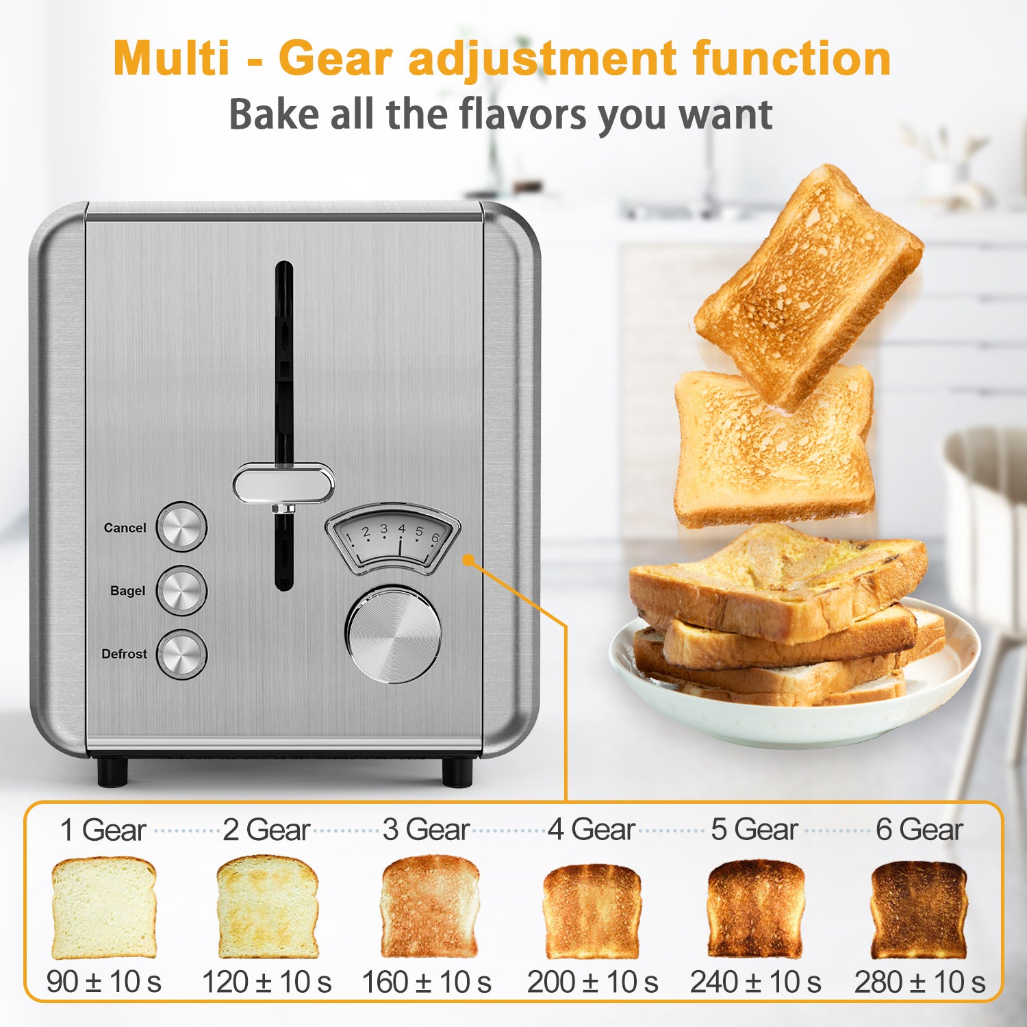 WHALL 2 Slice Toaster - Stainless Steel Toaster with Wide Slot, 6 Shade Settings, Bagel Function, Silver