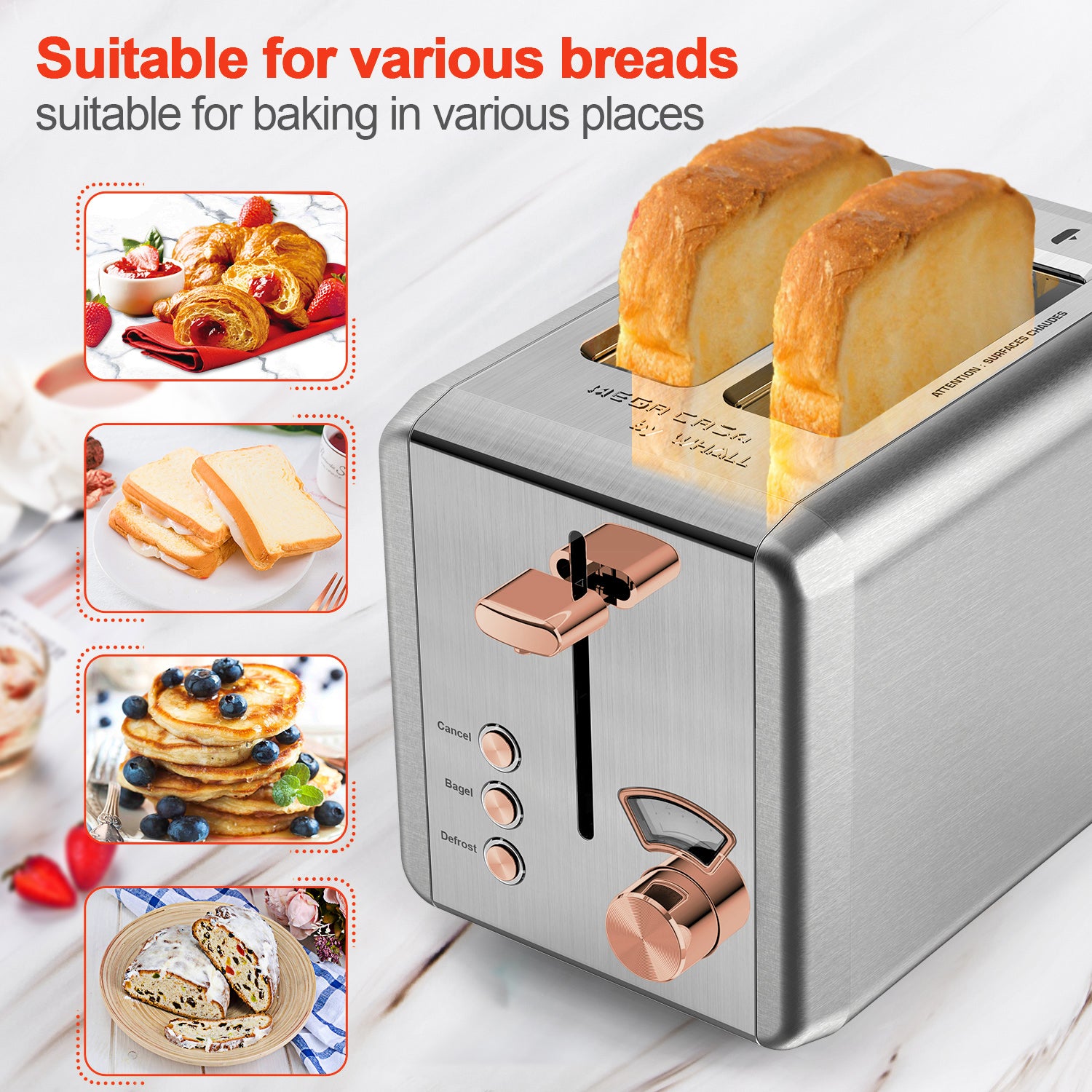 WHALL® 2 Slice Toaster - Stainless Steel Toaster with Wide Slot, 6 Shade Settings, Bagel Function, Removable Crumb Tray