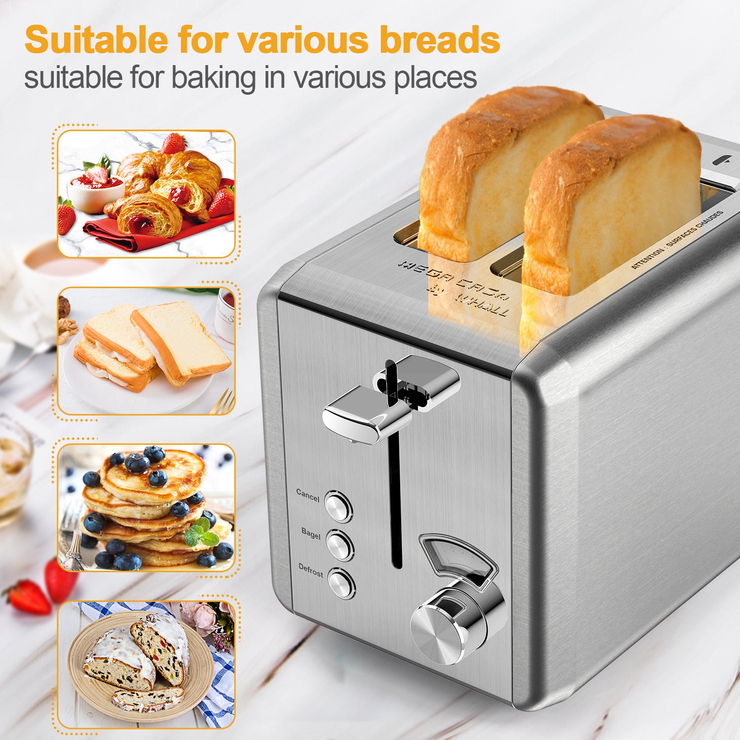 WHALL 2 Slice Toaster - Stainless Steel Toaster with Wide Slot, 6 Shade Settings, Bagel Function, Silver