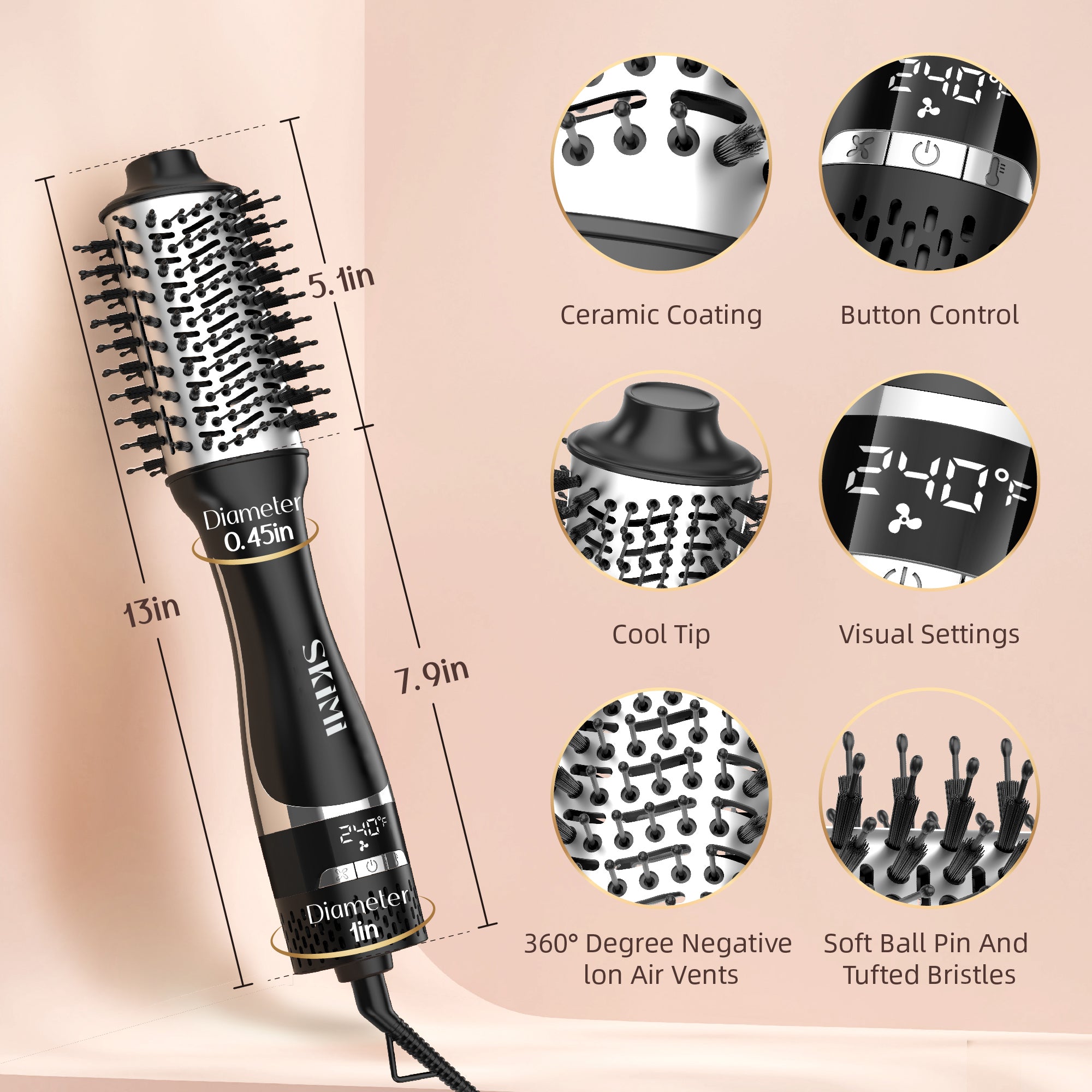 SKIMI Hair Dryer Brush,Blow Dryer Brush in One, Hot Air Dryer,Display Screen,Ceramic Barrel,Black