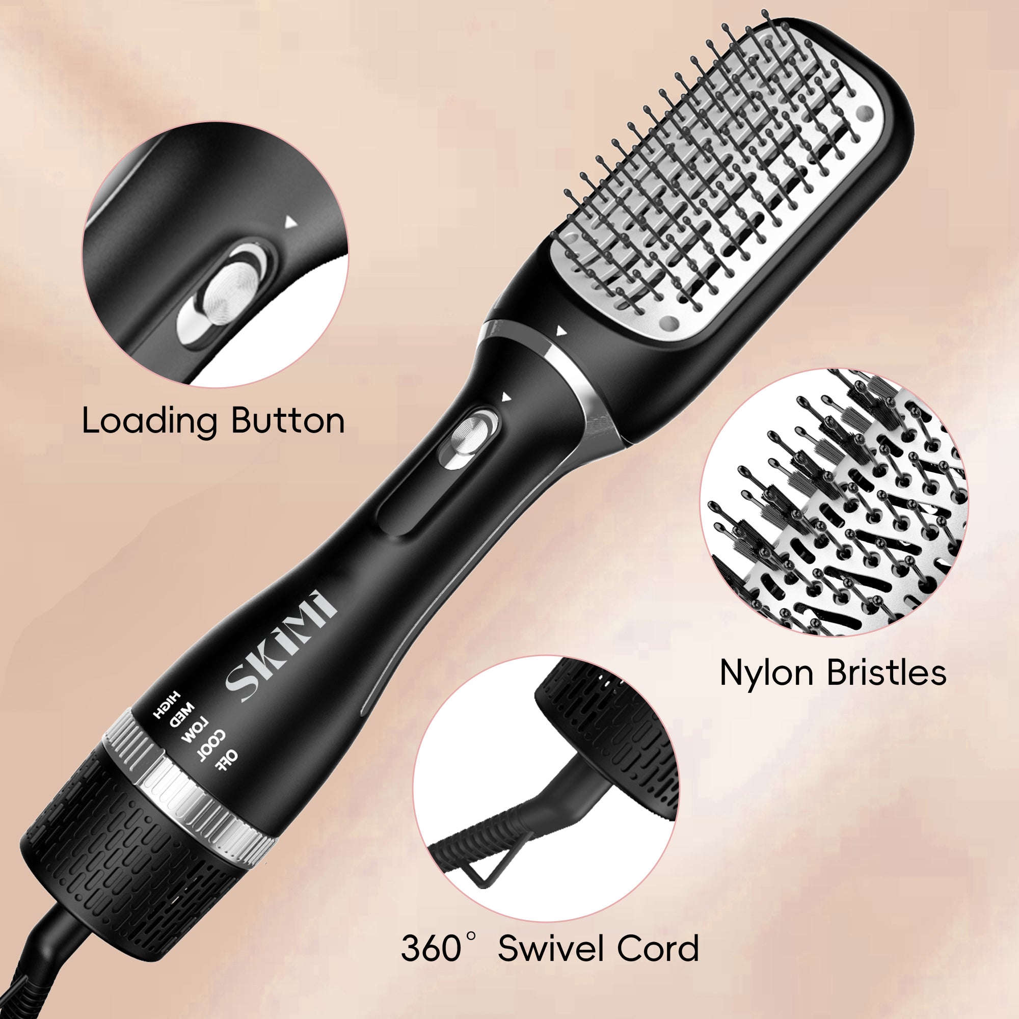 SKIMI Hair Dryer Brush, Black Blow Dryer Brush, Curly, Dry, Oval Hot Air Brush