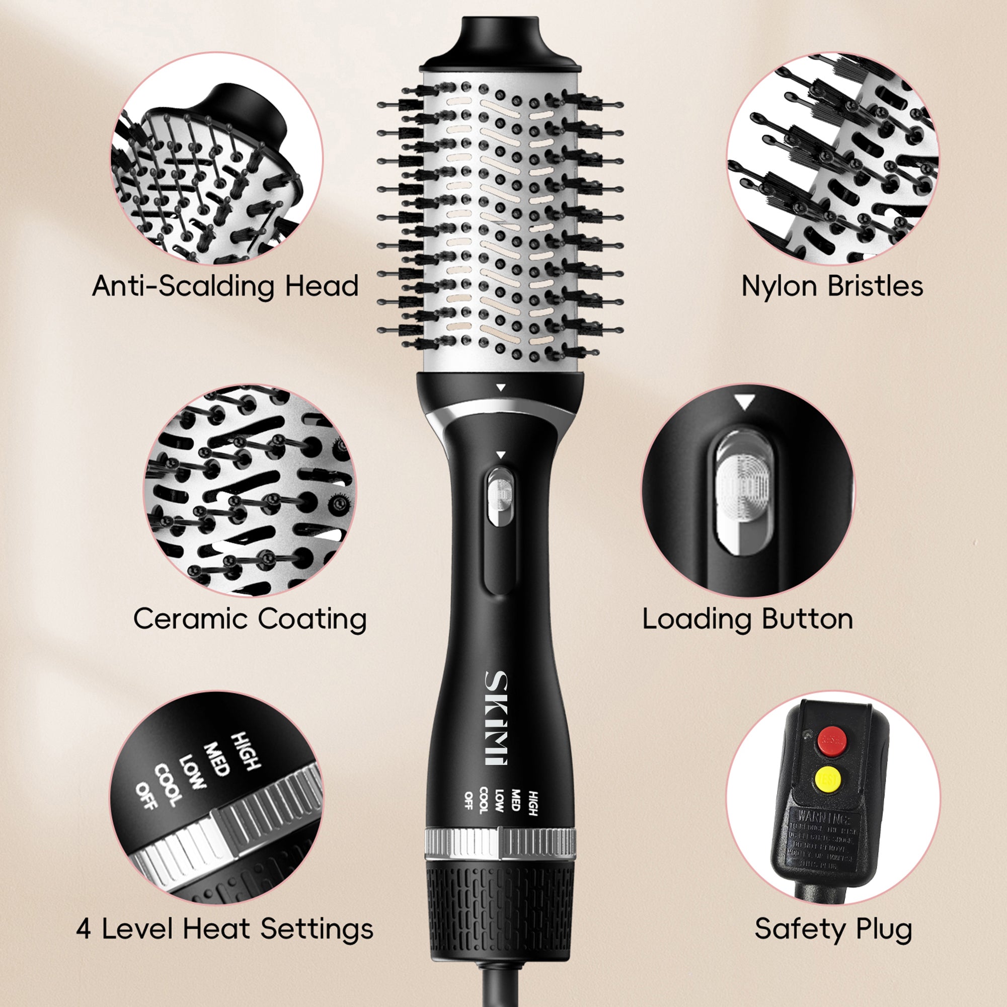 SKIMI Hair Dryer Brush, Black Blow Dryer Brush, Curly, Dry, Oval Hot Air Brush