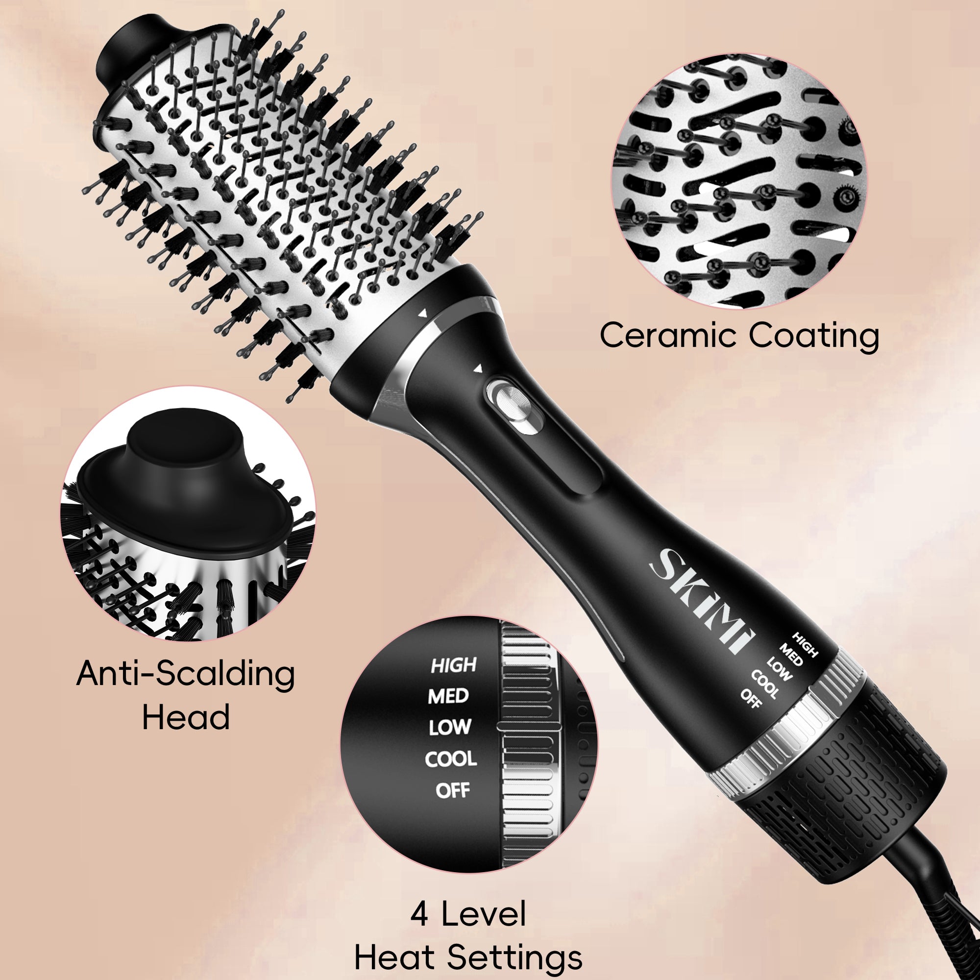 SKIMI Hair Dryer Brush, Black Blow Dryer Brush, Curly, Dry, Oval Hot Air Brush