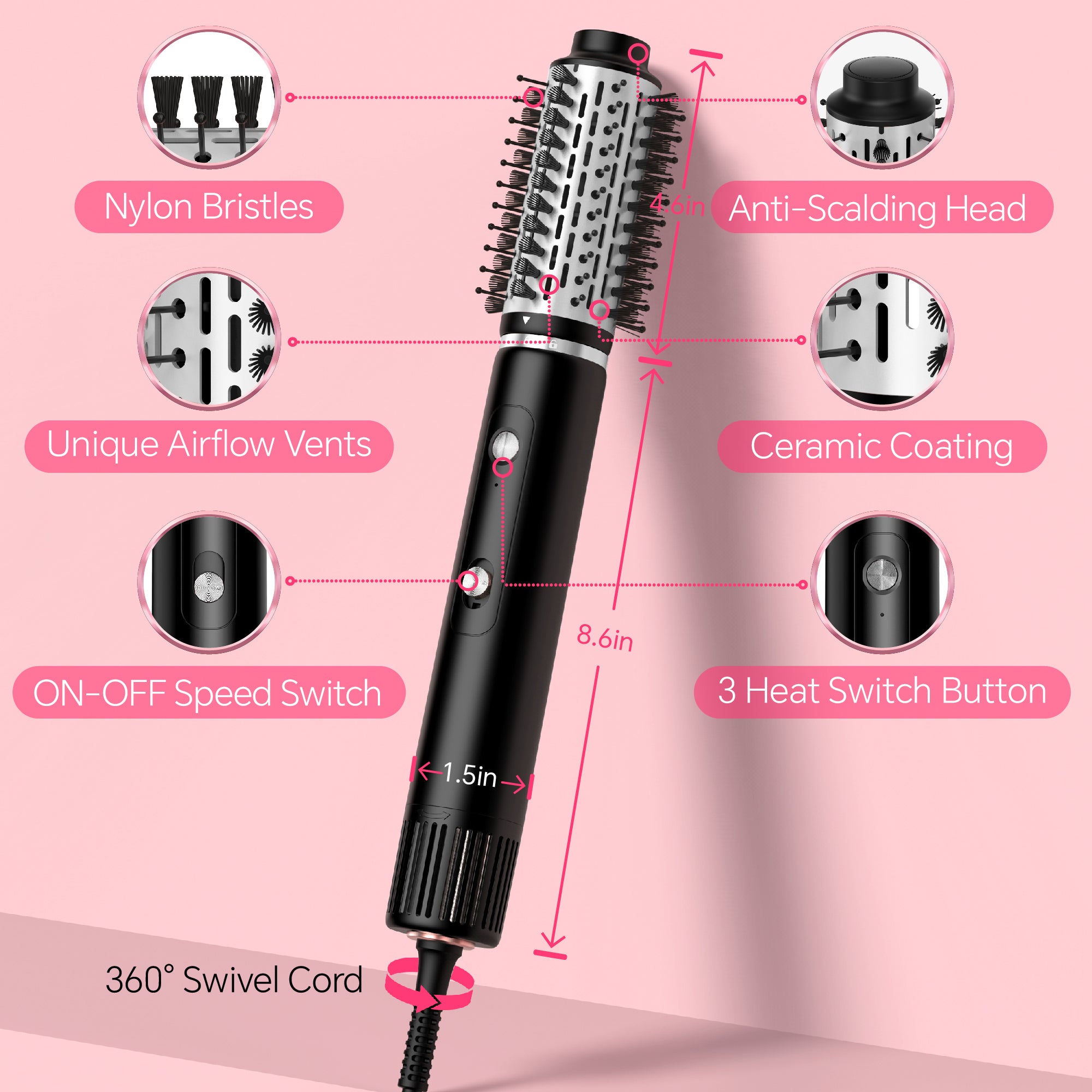 NICEBAY  Hair Dryer Brush, Blow Dryer with 110000RPM Brushless Motor, Hot Air Styler 1300W