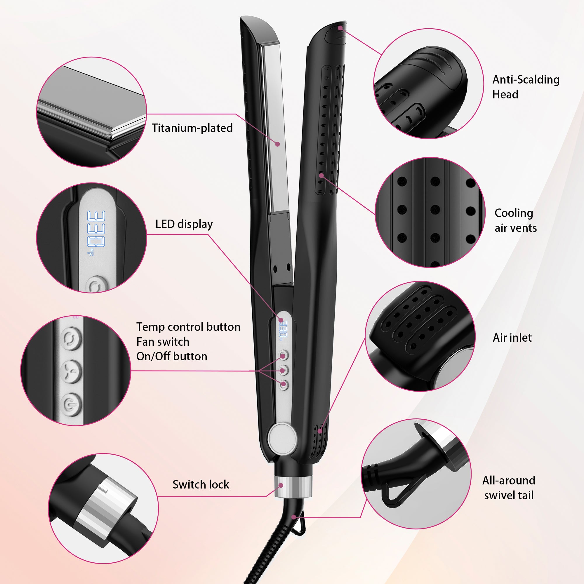 Nicebay Hair Straightener,Airflow Styler,Curling Wand Cool Air Vent,5 Temp,Dual Voltage