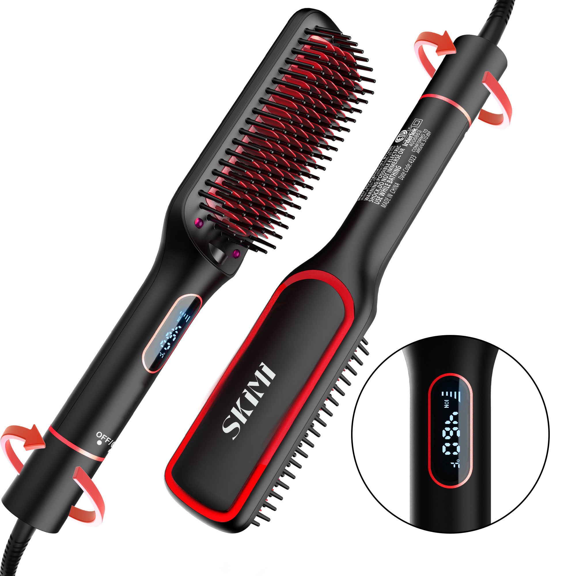 SKIMI Hair Straightener Brush, Negative Ion Hair Straightening Brush with LED Display Screen, Plastic