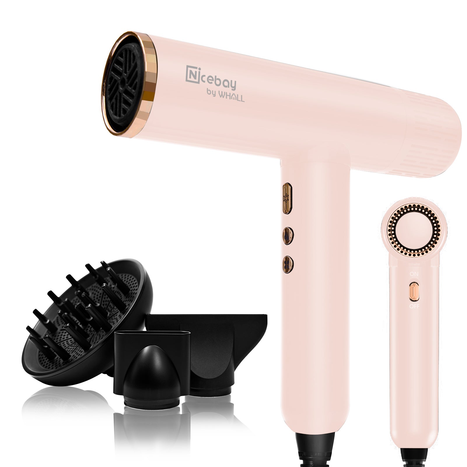 NICEBAY® Hair Dryer-Black&Gold , Professional Blow Dryer with 3 Attachments, 110000RPM High-Speed Brushless Motor for Fast Drying, Lightweight, Low Noise, 1600W Hairdryer with Diffuser