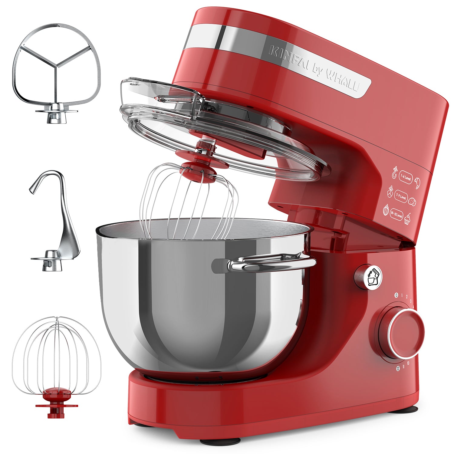 WHALL Stand Mixer - 5.5Qt 12-Speed Tilt-Head Electric Kitchen Mixer with Dough Hook/Wire Whip/Beater, Stainless Steel Bowl (red)