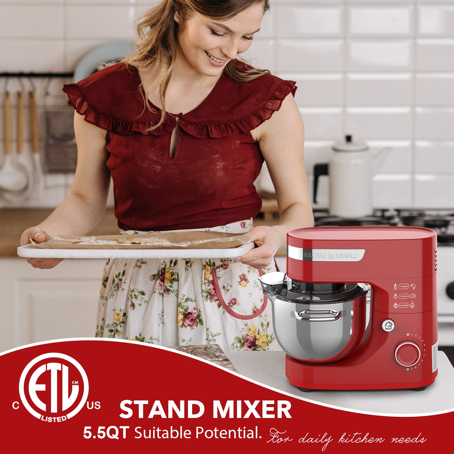 WHALL Stand Mixer - 5.5Qt 12-Speed Tilt-Head Electric Kitchen Mixer with Dough Hook/Wire Whip/Beater, Stainless Steel Bowl (red)