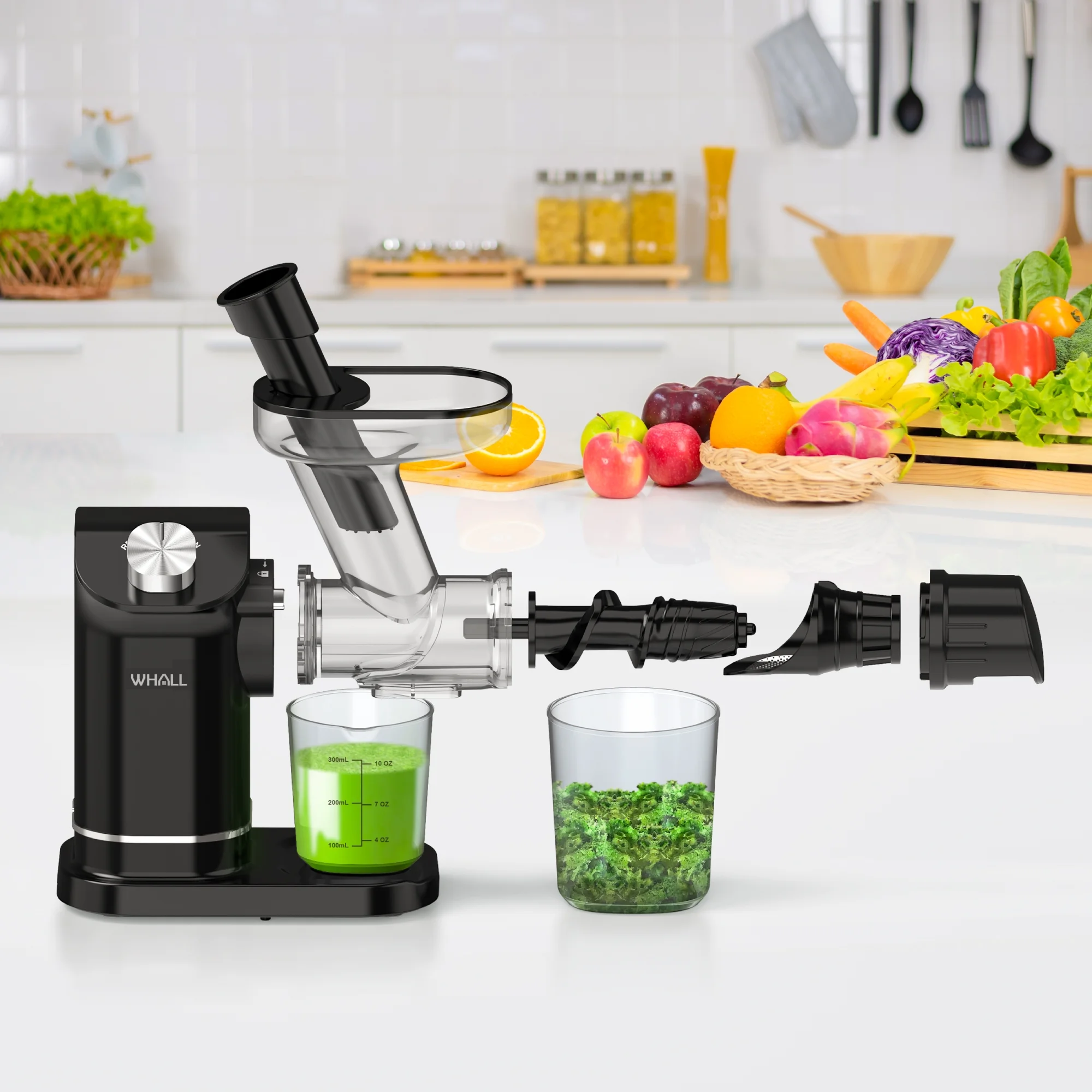 WHALL® Cold Press Juicer, Masticating Juicer Vegetable and Fruit, Juicers with Quiet Motor & Reverse Function, Easy to Clean with Brush