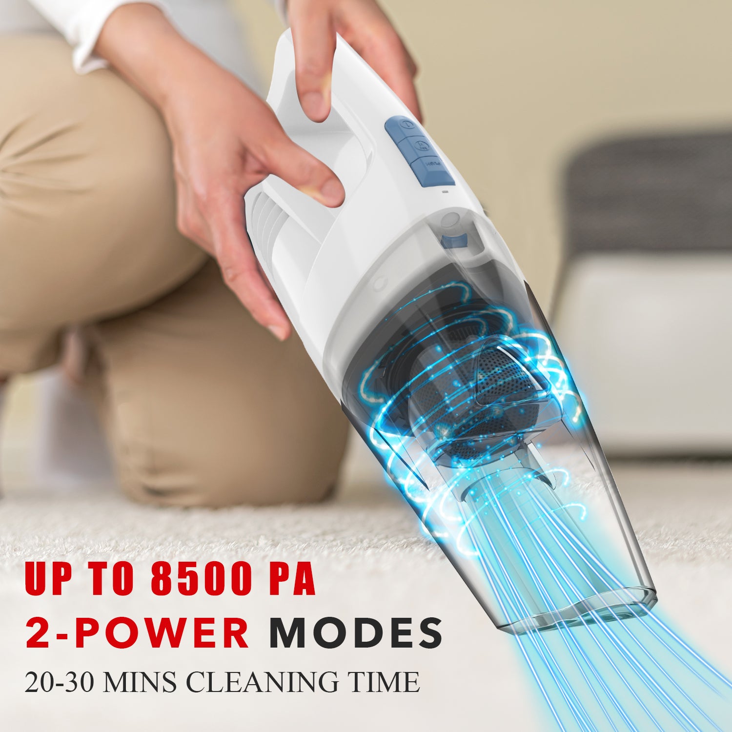 WHALL® Cordless Handheld Vacuum, Wet/Dry Cleaner with 8500PA Suction, LED Light, Lightweight/Portable(White)